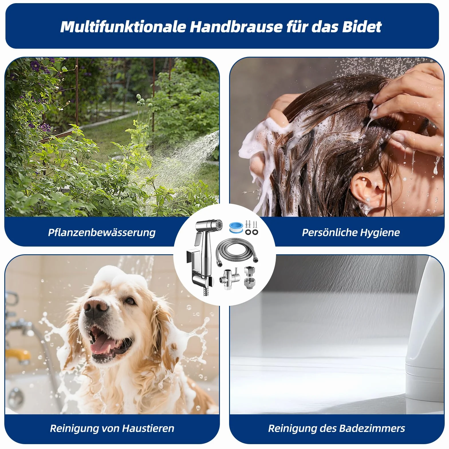 Bidet słuchawka prysznicowa, opryskiwacz bidetowy, stal nierdzewna, z zaworem T G1/2" i adapterem do toalety G3/8", wąż 150 cm, toaleta z hakiem lub uchwytem ściennym, słuchawka prysznicowa, pielucha