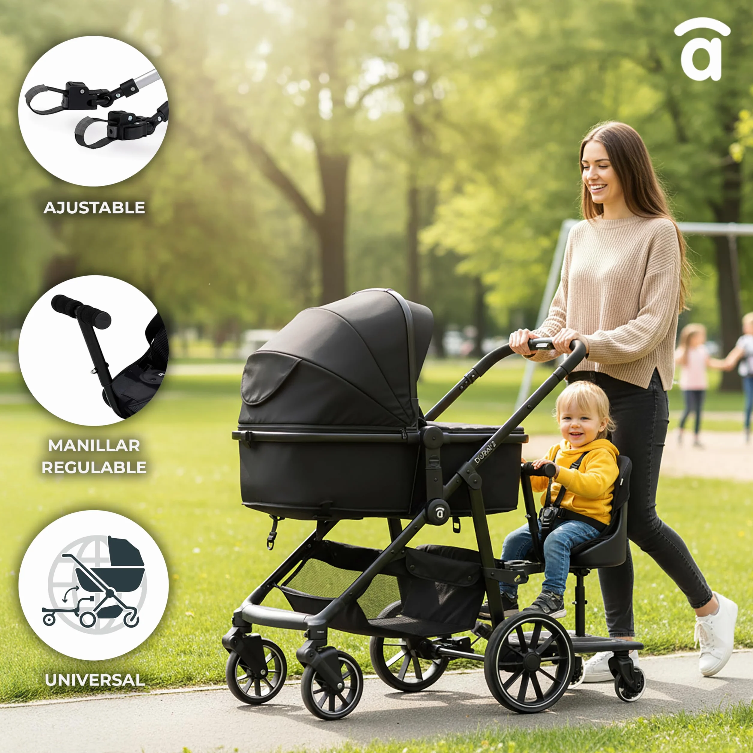 Asalvo BUGGY BOARD hulajnoga z siedziskiem do wózka spacerowego, deska do wózka dziecięcego z siedzeniem, uniwersalna deskorolka wózek dla dziecka, deska dla drugiego dziecka, akcesoria dla dzieci w