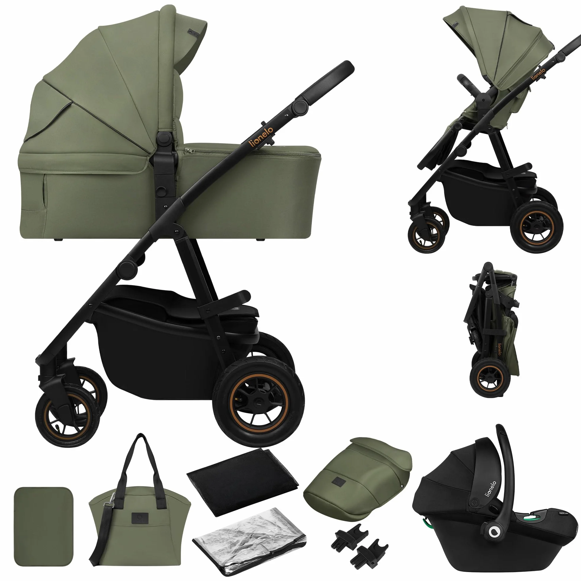 LIONELO AMBER PLUS 3 w 1 Wielofunkcyjny Wózek Dziecięcy od 0 do 4 lat do 22kg z Gondolą XL, Fotelik Samochodowy do 13 kg, Regulacja Oparcia, Duże Terenowe Koła 360o Budka XXL