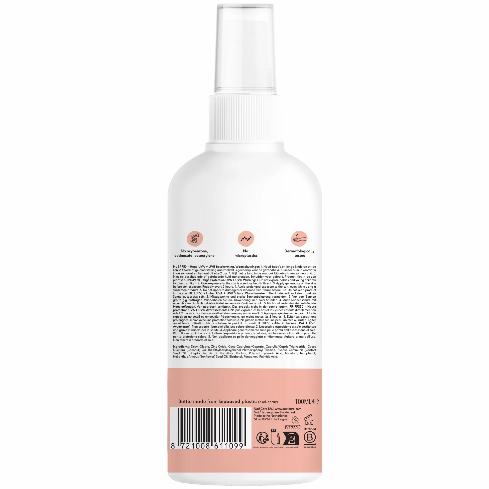 Naïf Spray przeciwsłoneczny na bazie mineralnej – dla niemowląt i dzieci – LSF 50 – spray bez oktokrylenu – ochrona UVA i UVB – odporny na działanie wody – testowany dermatologicznie – bez