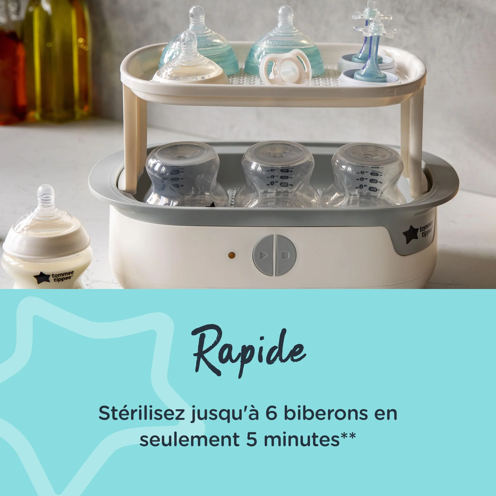 Tommee Tippee Advanced do butelek, Elektryczny sterylizator parowy, zabija wirusy* i 99,9% bakterii, 5-minutowy cykl sterylizacji, biały