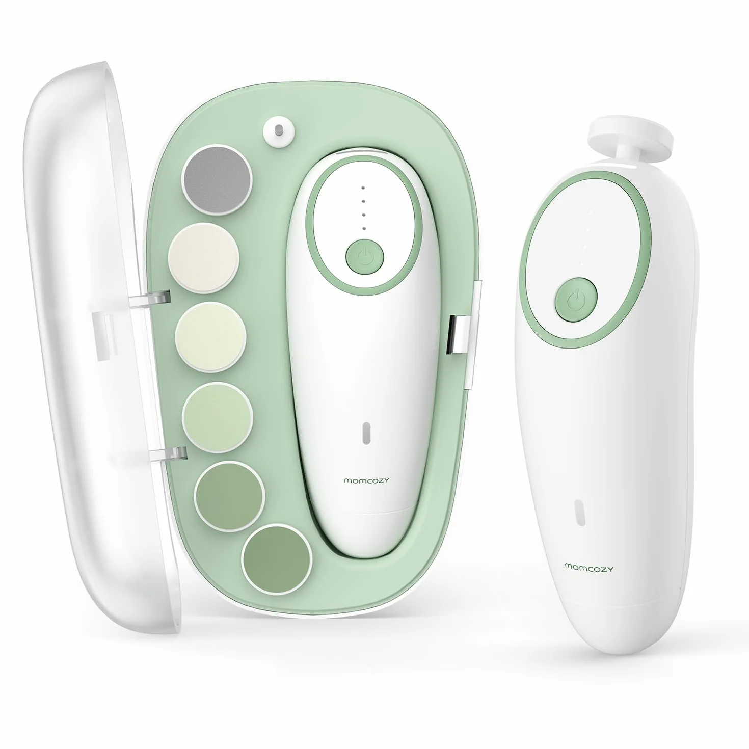 Momcozy Elektryczny pilnik do paznokci dla niemowląt, delikatny trymer do paznokci dla niemowląt, elektryczny obcinacz do paznokci dla niemowląt, 360° przeciwmgielne światło LED, 7 wymiennych