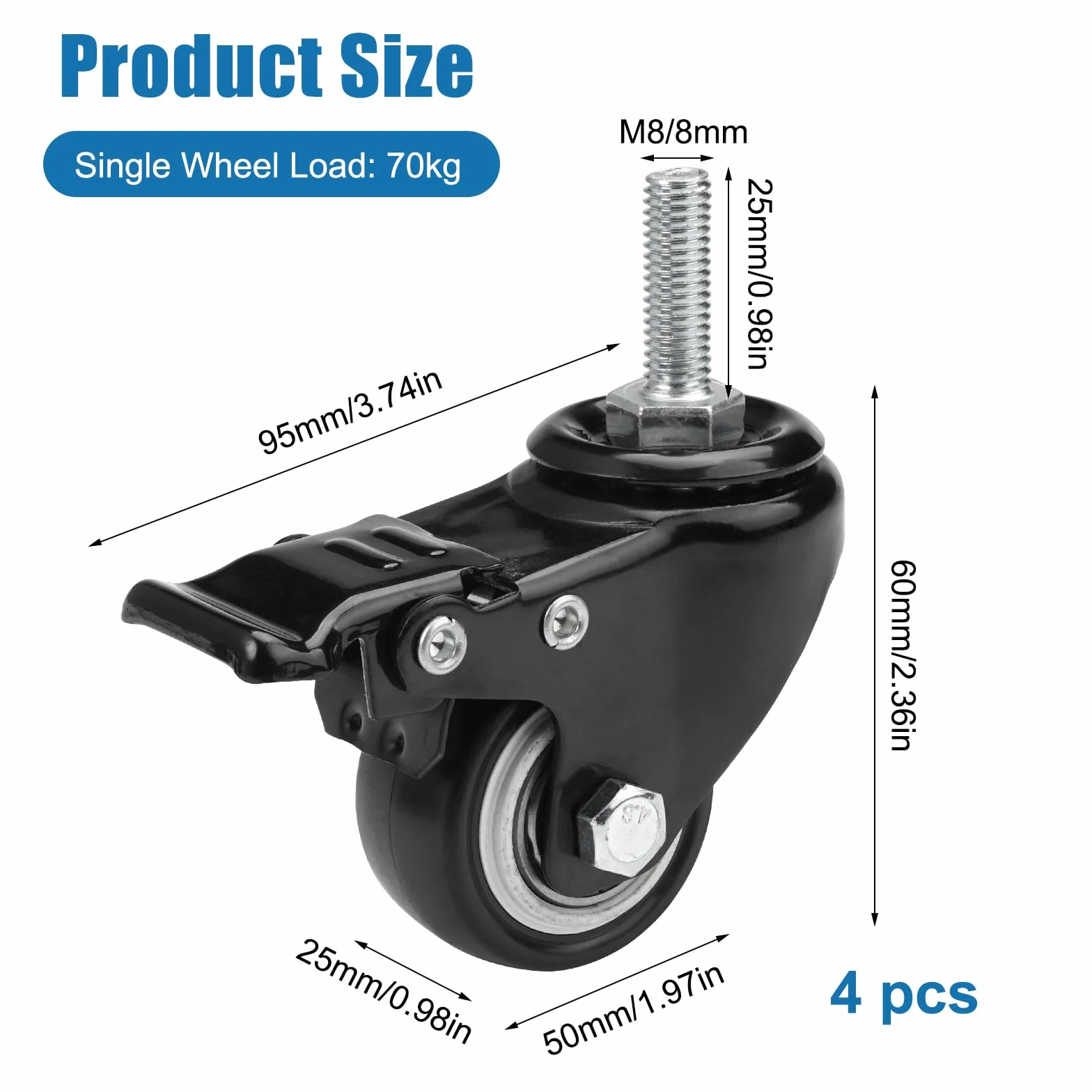 4 sztuki kółek meblowych 50 mm, gwint M8 z hamulcem, kółka z gwintem M8 x 25 mm, kółka do dużych obciążeń z hamulcem, kółka do mebli obracane o 360°, bezgłośne kółka skrętne z gwintem, waga na koło