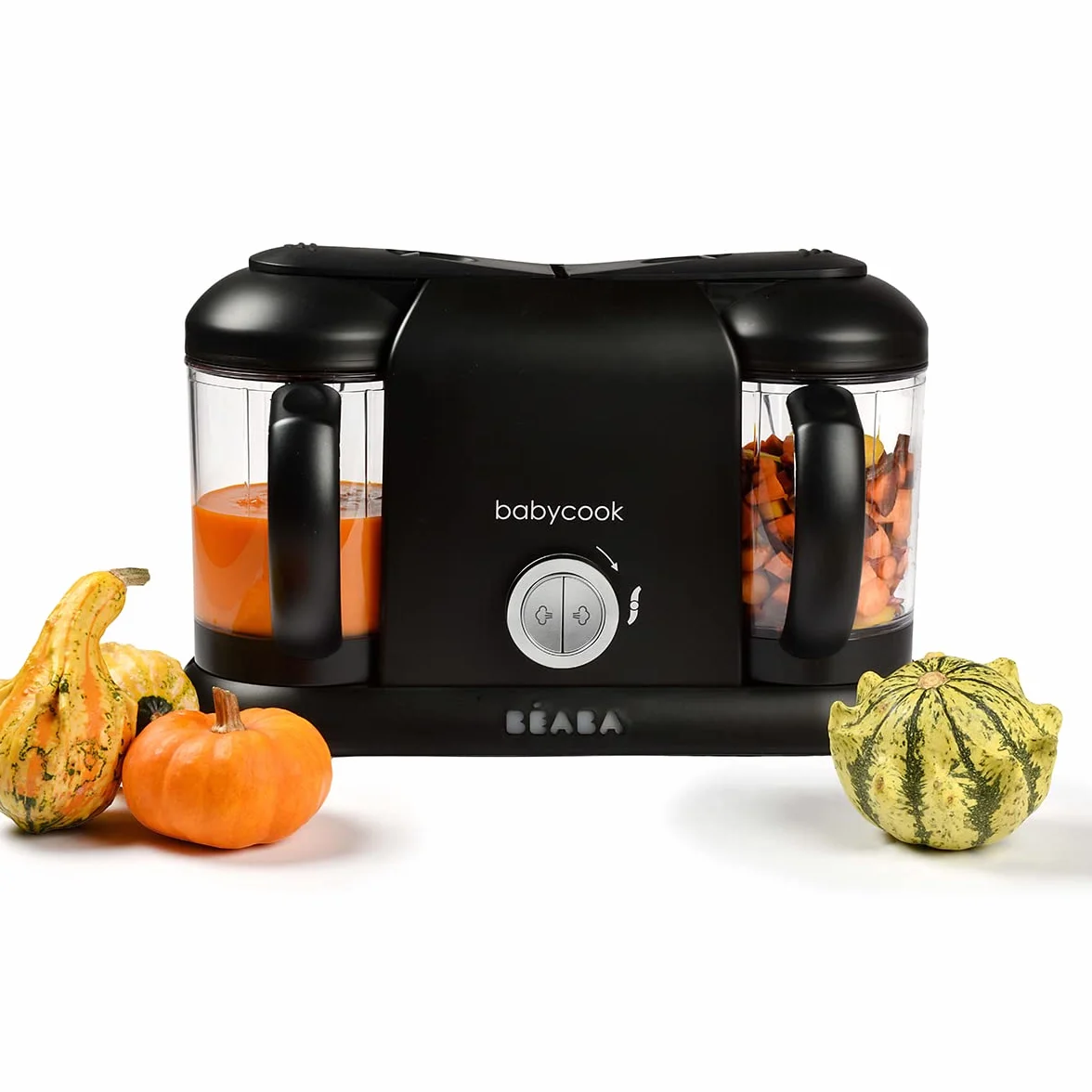 BÉABA - Babycook Duo - 4 w 1 urządzenie do przygotowywania posiłków dla niemowląt - łagodny parowar - szybkie gotowanie na parze w 15 minut - pojemność XXL: 2 x 200 ml - czarny