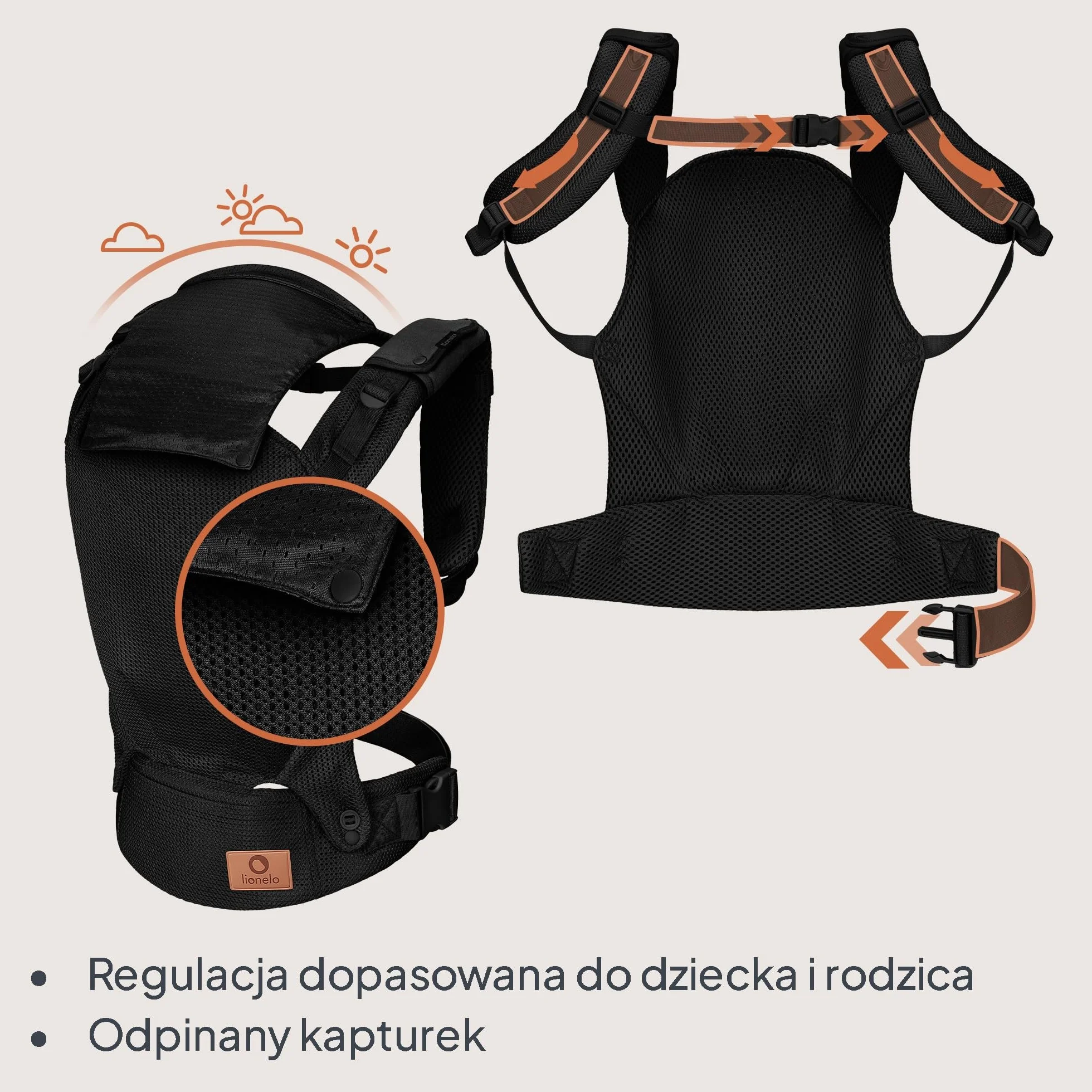 LIONELO Nosidło Ergonomiczne Dla Niemowląt Margareet Air od 4 miesiąca do 20 kg, 3 Pozycje, Oddychający Materiał, Odczepiany Kaptur, Podwójne Zabezpieczenie