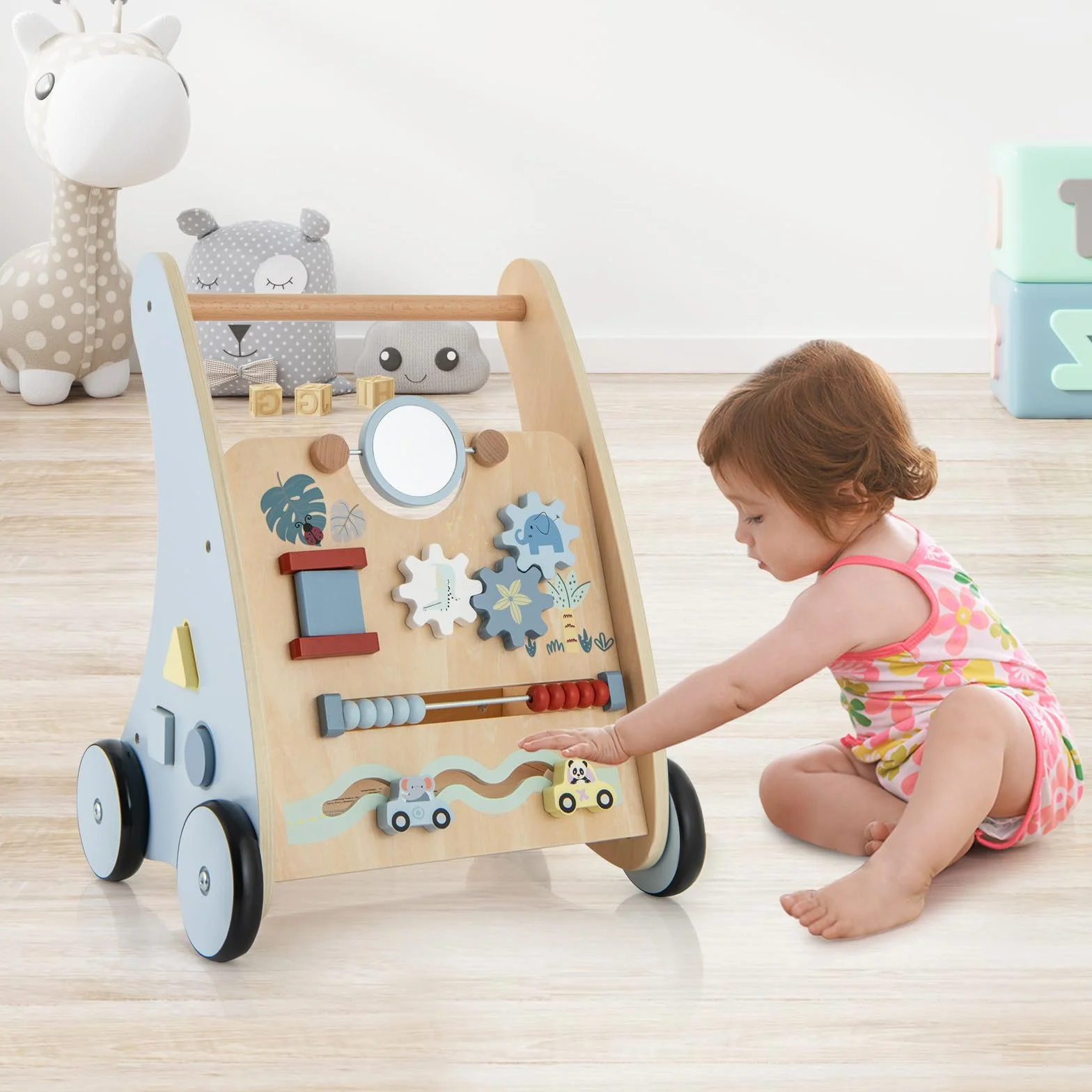 GOPLUS Wózek do nauki chodzenia 2 w 1, drewniany z interaktywnymi elementami, tylna półka, wózek do biegania Montessori Baby Walker dla dziewczynek i chłopców od 1 roku życia