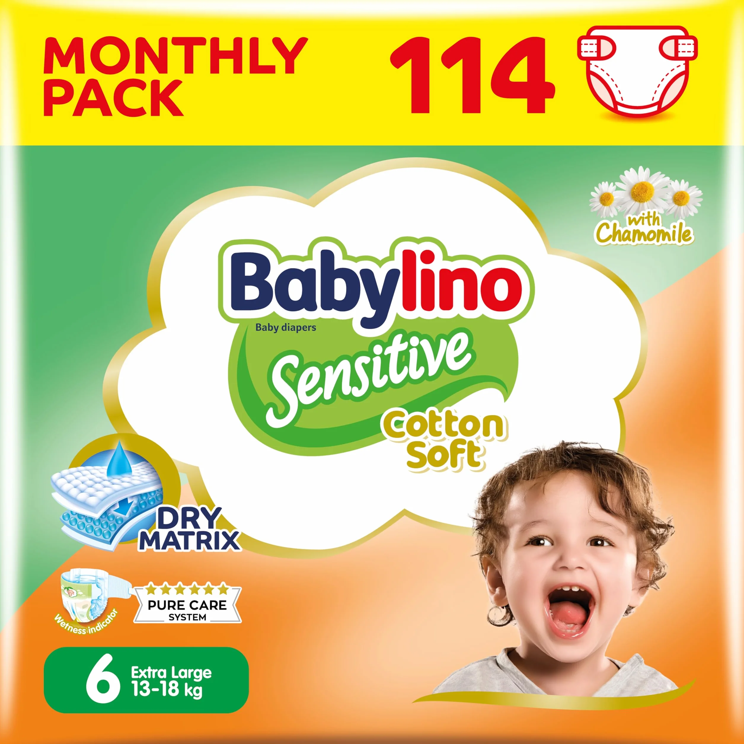 Babylino Sensitive, 114 pieluch Rozmiar 6, Extra Large (13-18 kg), 114 sztuk