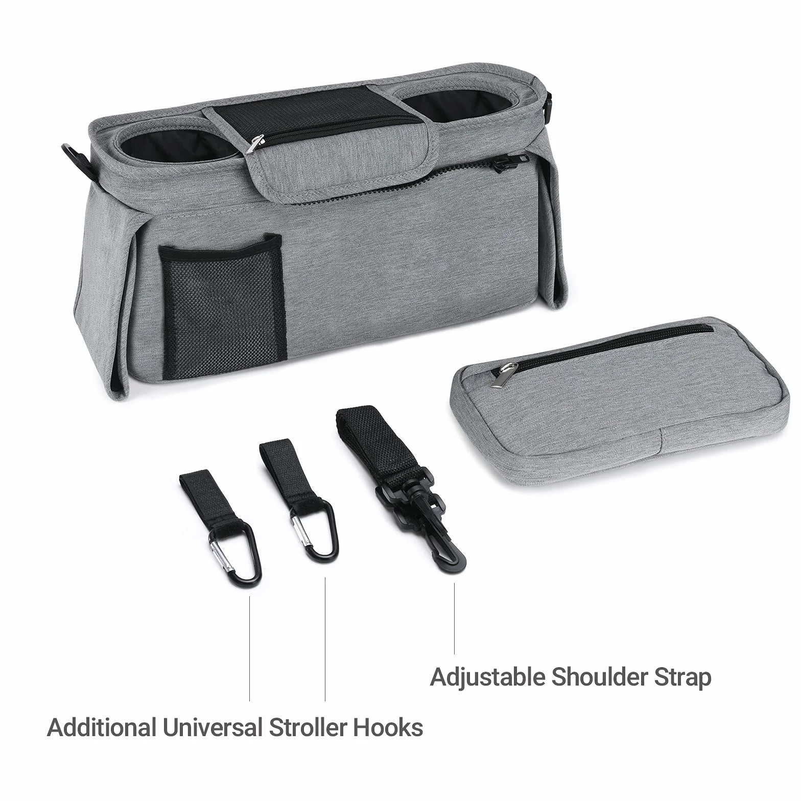 Momcozy Organizer do wózka dziecięcego, wielofunkcyjny, z odpinaną kieszenią, kieszenią na telefon komórkowy, 2 uchwyty na kubki i pasek na ramię, organizer do wózka dziecięcego