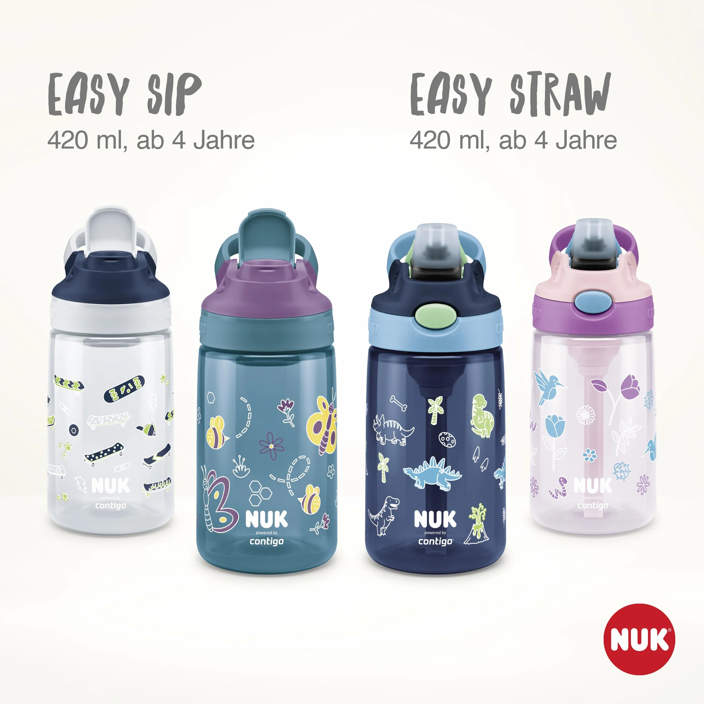 NUK By Contigo Easy Straw Cup butelka do picia ze słomką dla dzieci (od 4 lat) | wyprodukowana z wytrzymałego tritanu | nie zawiera BPA | nadaje się do mycia w zmywarce | 420 ml | dinozaur