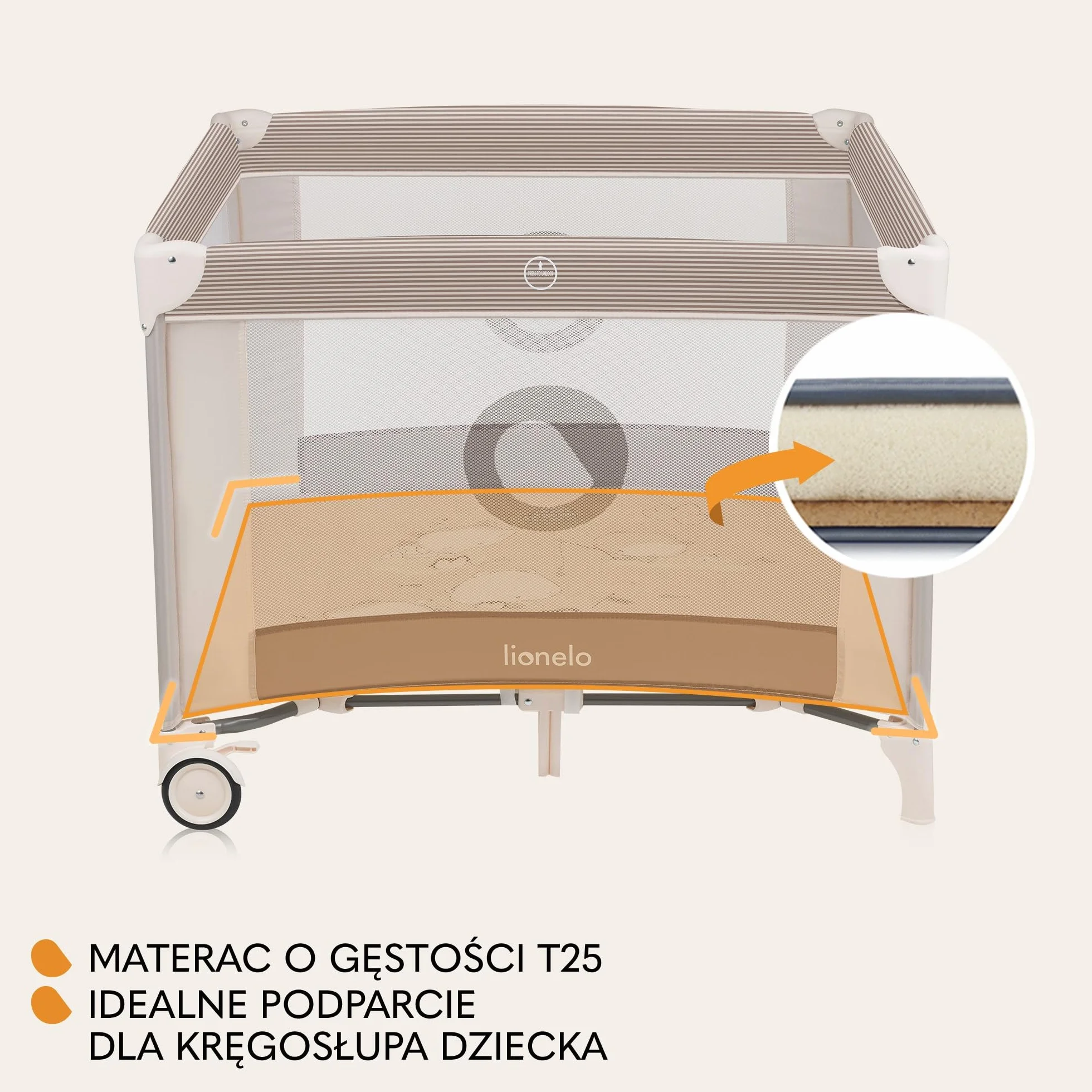 LIONELO BONNIE Kojec Dziecięcy do15 kg, od Urodzenia do 36 miesięcy Boczne Wejście na Zamek, Boki z Przewiewnej Siatki, Szybkie Składanie, Koła z Hamulcem, Torba do Przenoszenia (Beżowy)