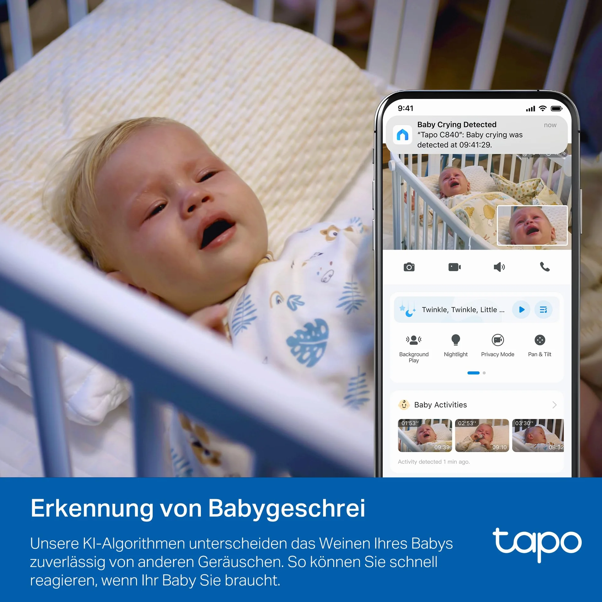 Tapo C840 BabyCam podwójny obiektyw (kompatybilny z Apple Home, wykrywanie krzyków i zakrytej twarzy, analiza i raport snu, kołysanki i biały szum, lampka nocna, karta microSD do 512 GB)