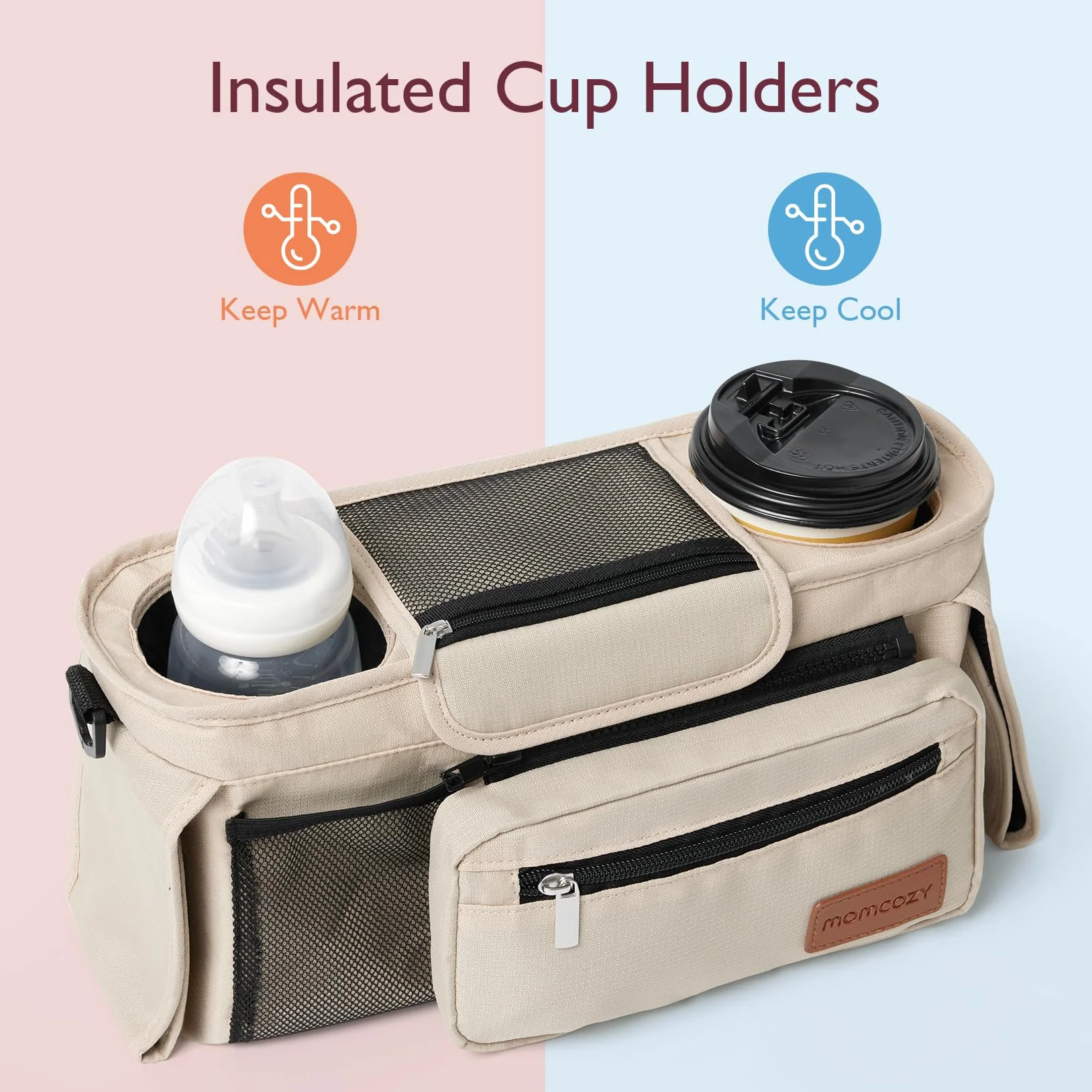 Momcozy wózek dziecięcy, uniwersalny organizer z izolowanym uchwytem na napoje, uchwytem na kubek, torba do wózka dziecięcego Momcozy Buggy, akcesoria do wózka dziecięcego z kieszenią na zamek