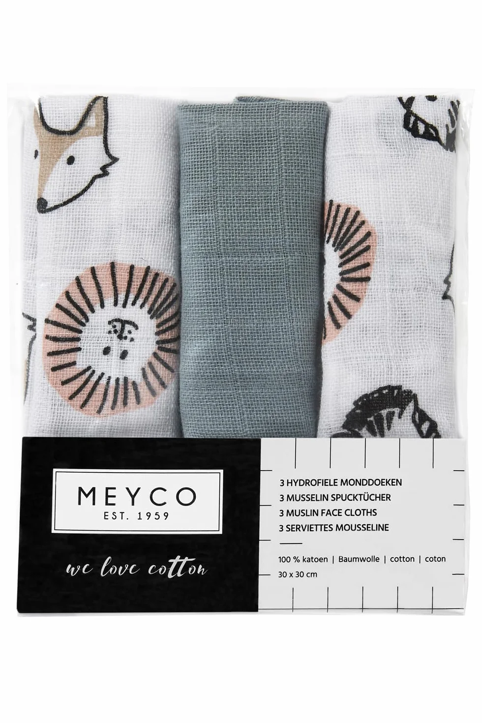Meyco Hydrophilic Burp Cloths - Zestaw 3-30x30cm - Zwierzęta/Uni - Stone Green/White