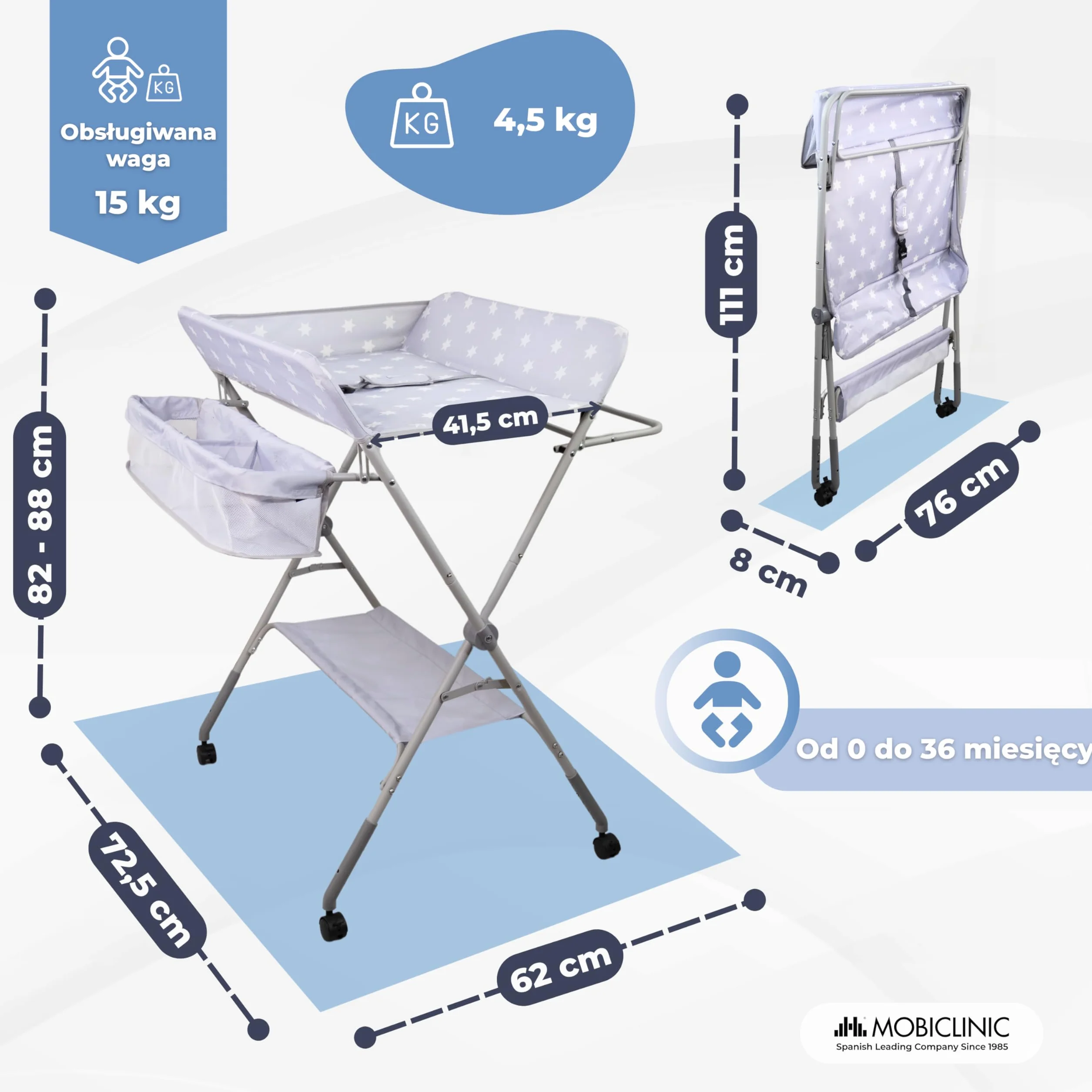 Mobiclinic®, Stół do Przewijania Niemowląt, Składany, Regulowana Wysokość, Do 15 kg, 0–36 Miesięcy, Organizer na Pieluchy, Kółka 360° z Hamulcem, Uprząż i Barierka Zabezpieczająca, Zmywalny, Zoey