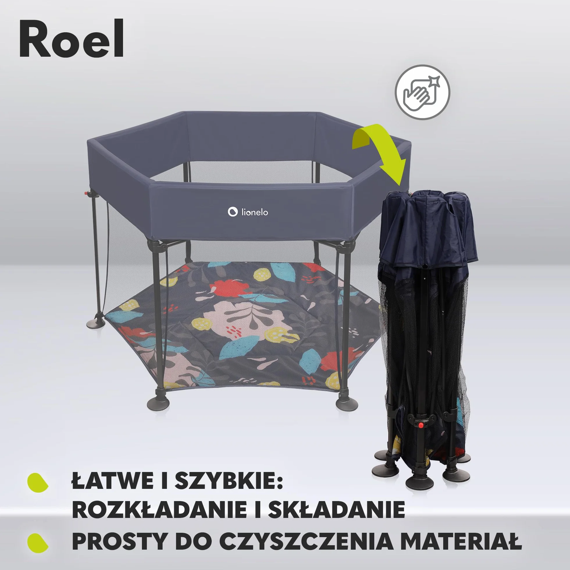LIONELO Roel kojec dla dzieci do 15 kg, duży format 118 x 118 x 83 cm, sześciokątny kształt, LockGuard, zapięcie składane, wzmocniona podstawa, antypoślizgowe stopki, torba ochronna