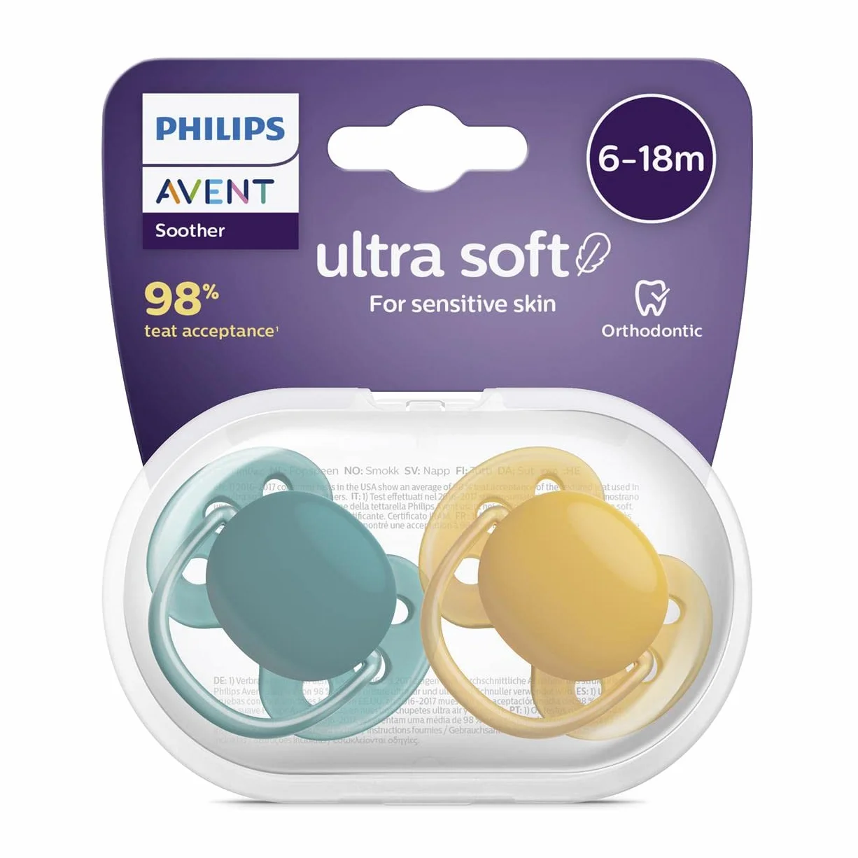 Philips Avent Bardzo miękkie smoczki bez BPA dla dzieci w wieku 6-18 miesięcy, ciemnozielone/żółte (model SCF091/04)
