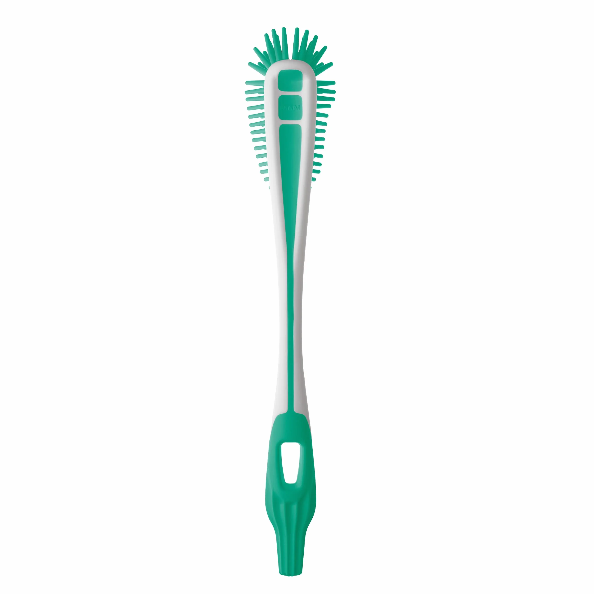 MAM Szczotka do butelek Soft Brush z bardzo miękkim włosiem, szczotka pasuje do każdego kształtu butelki, ze specjalną szczotką ssącą do czyszczenia odkurzaczy, 0+ miesięcy, niebieska