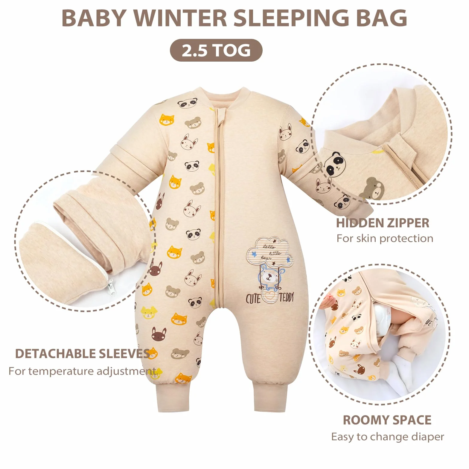 Mosebears Śpiwór niemowlęcy 2,5 TOG Unisex bawełniany śpiwór niemowlęcy z odpinanymi rękawami