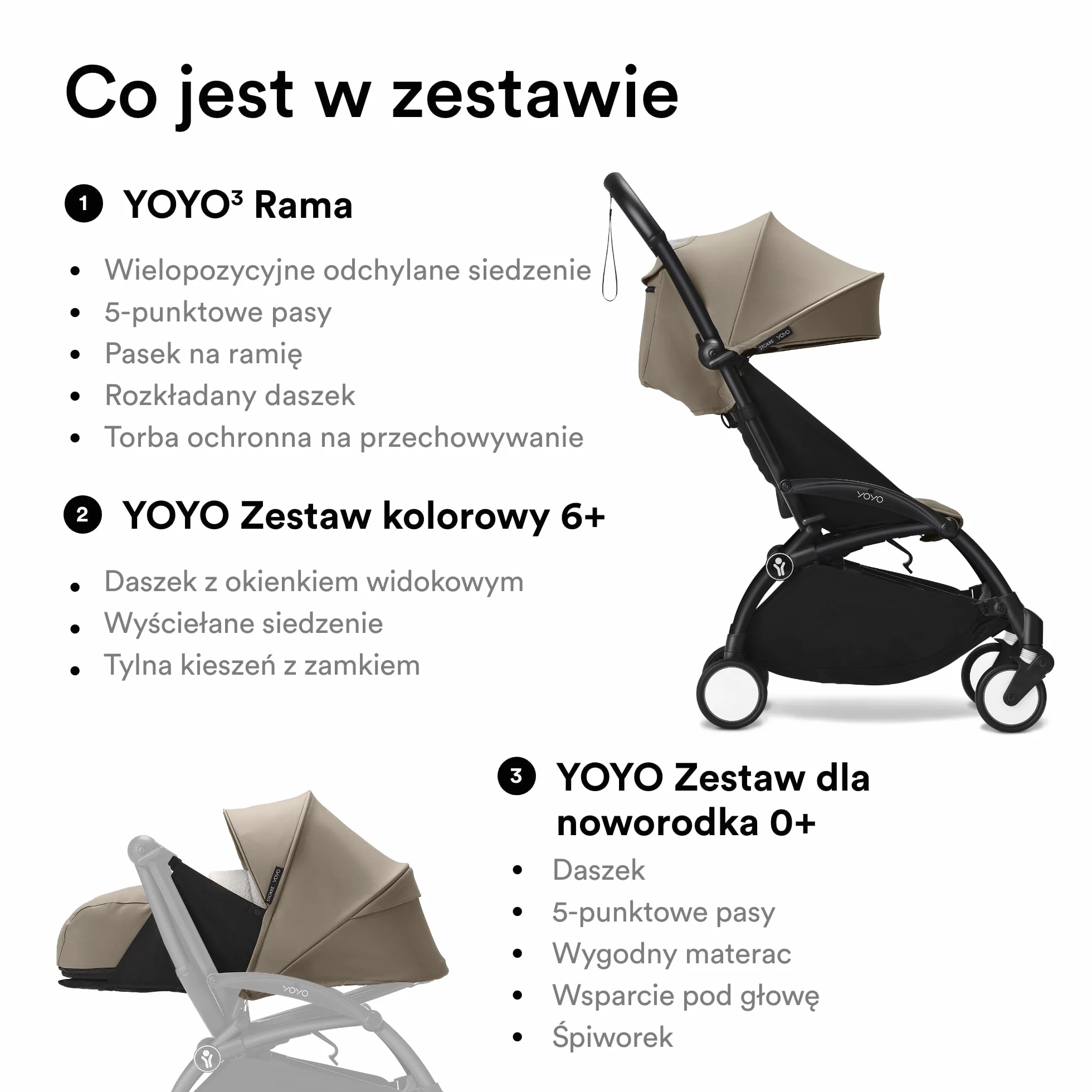Wózek Stokke YOYO3 z zestawem dla noworodka - zawiera czarną ramę, zestaw kolorowy 6+ (Taupe) i zestaw dla noworodka 0+ (Taupe)
