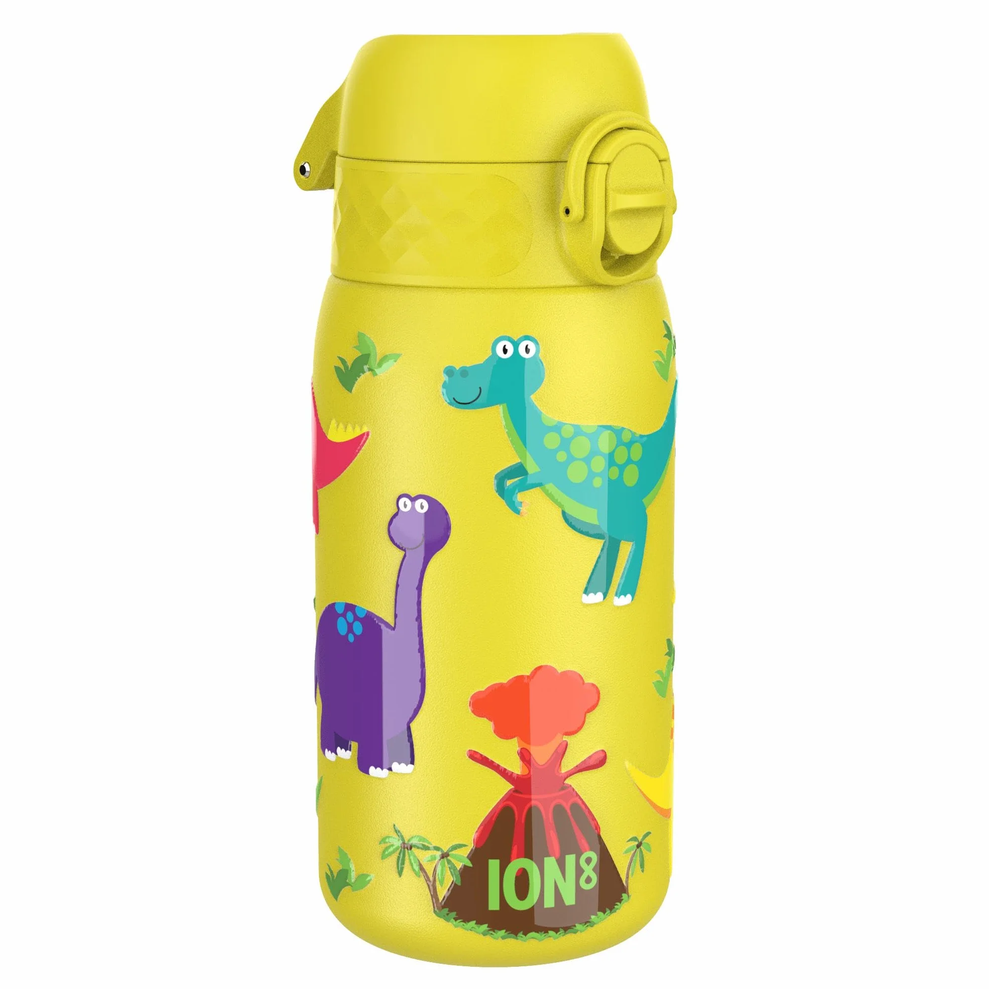 ION8 Butelka na Wodę dla Dzieci ze Lekki Stali, 400 ml/13 oz, Nieocieplany, Szczelna, Łatwa do Otwarcia, Bezpieczny Zamek, Można Myć w Zmywarce, Składany Uchwyt, Łatwa w Czyszczeniu, Dinozaury