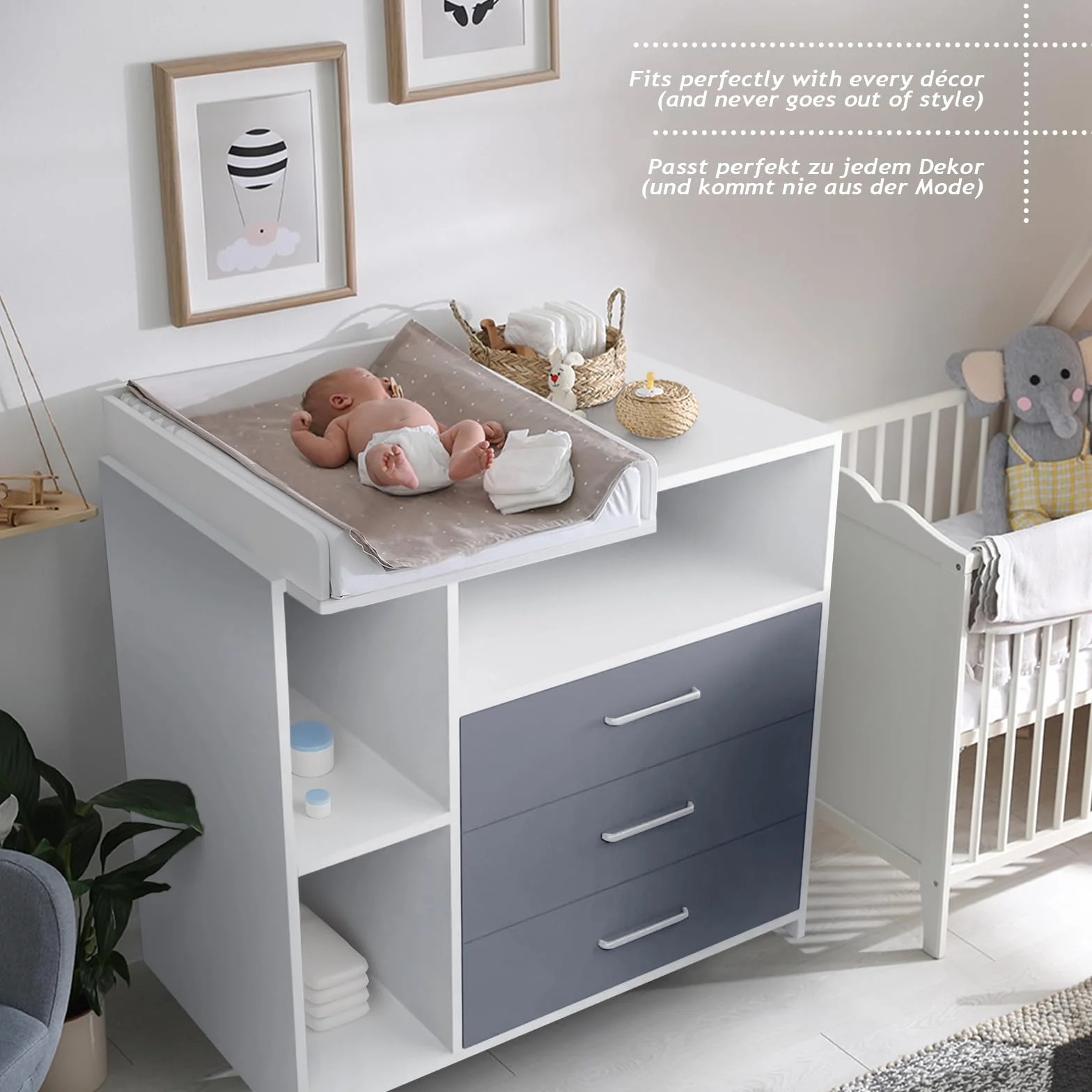 Infantastic® Przewijak z Szufladami - Otwarte Przegrody, 113 x 70 x 101 cm, Drewno MDF, Biały/Szary - Przewijak dla niemowląt, Pieluszka, Meble, Przewijak, Rzeczy dla niemowląt, Pokój dziecięcy