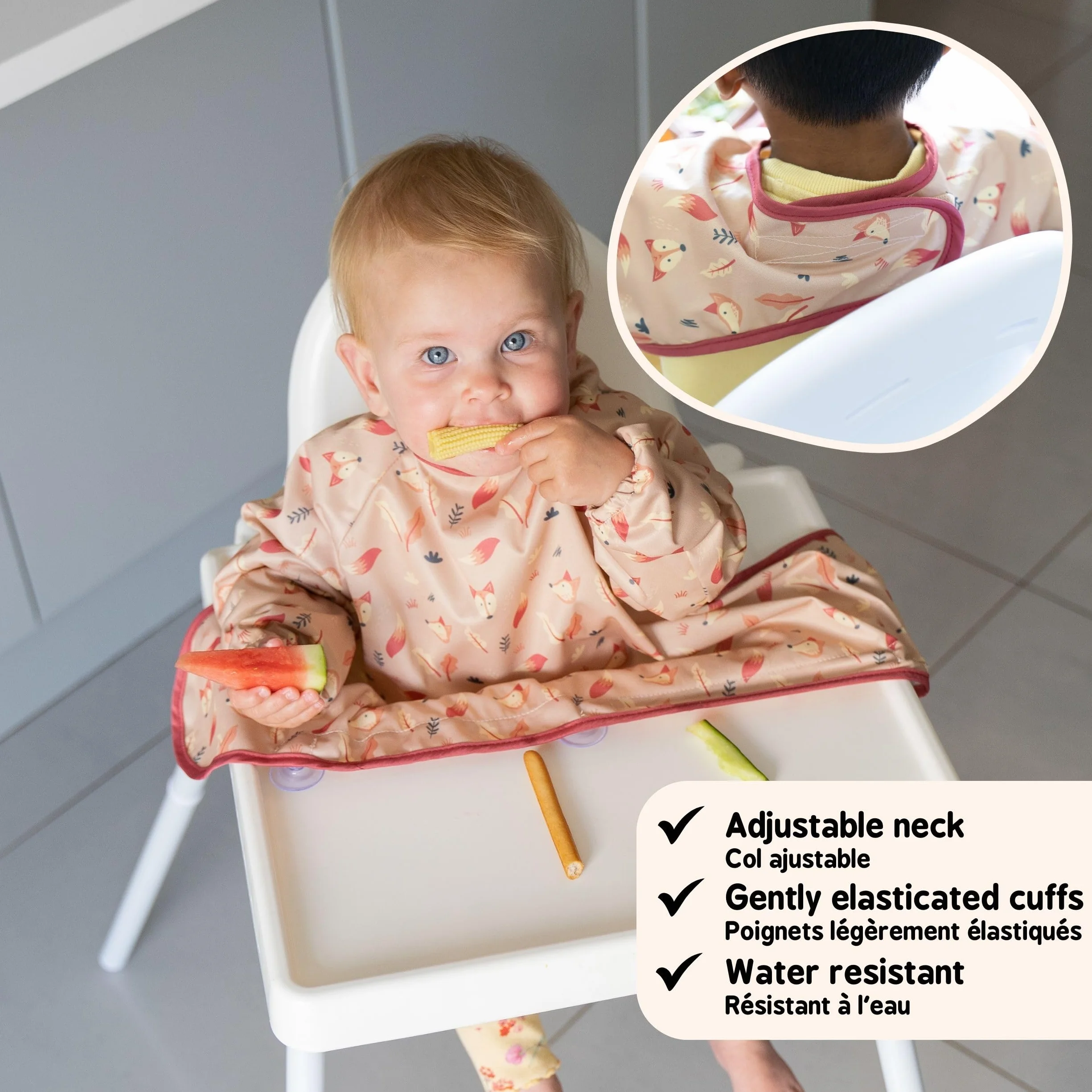 Tidy Tot®™ Cover & Catch™ śliniak do odstawienia od piersi z rękawami. Mocuje się do krzesełek z przyssawką, aby zapobiec bałaganowi karmienie dziecka. Wodoodporne śliniaki z długim rękawem. Śliniaki