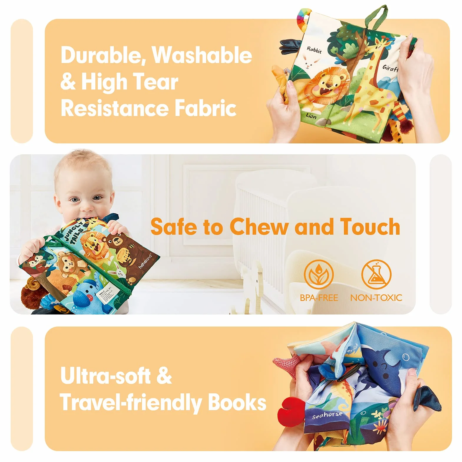 hahaland 2 Pcs Baby Books Toys 0-6 Months Touch Feel Activity Soft Book with Squeaker, Crinkle Paper Baby Essentials for Newborn Sensory Toys 0 3 6 12 Months 1 Year olds Baby Boy Girls Gifts