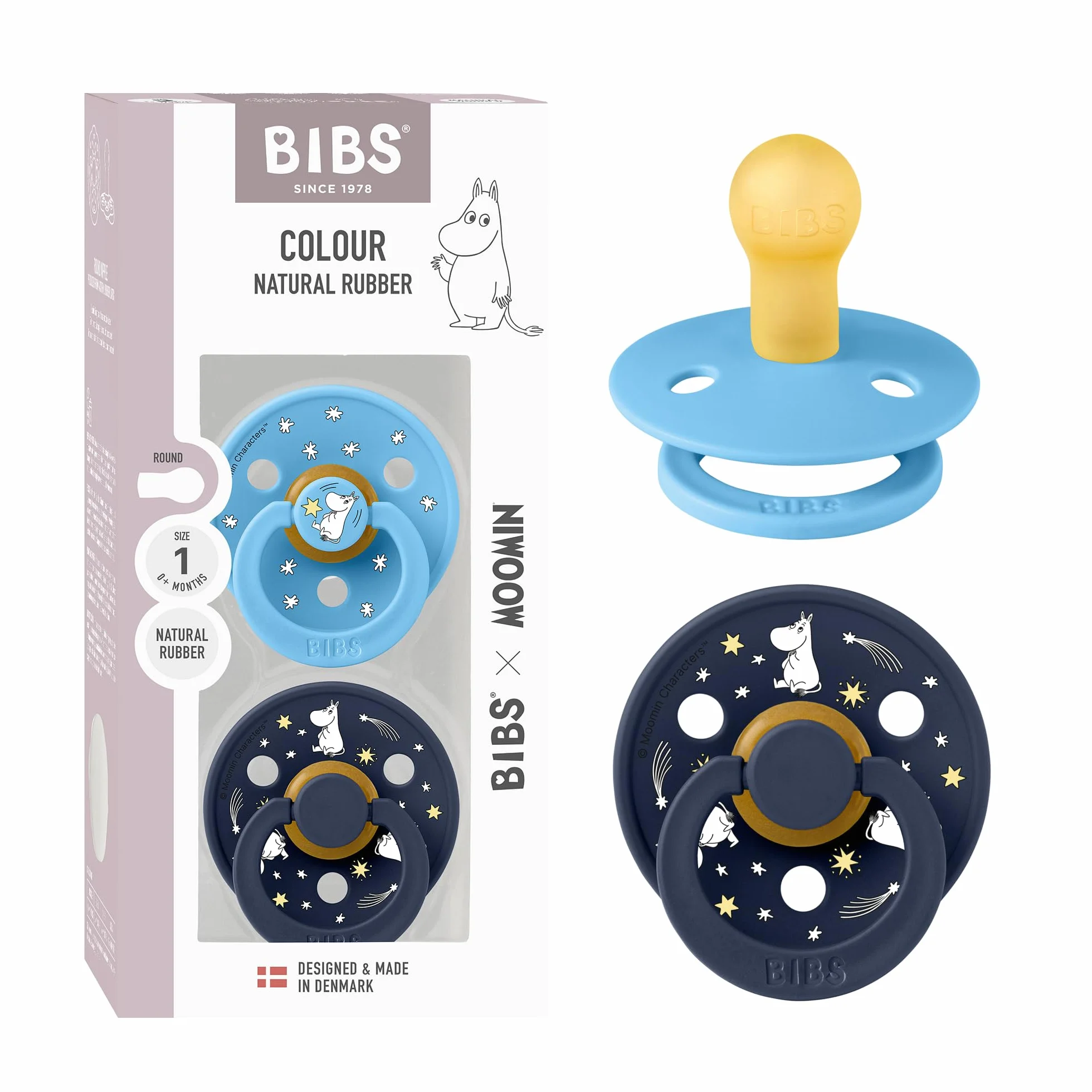 BIBS Colour Moomins Smoczek, 2 szt., Bez BPA, Okrągły kształt gumowej główki. Lateks z kauczuku naturalnego, Wyprodukowano w Danii, Rozmiar 1 (0-6 miesięcy), Breeze/Deep Space