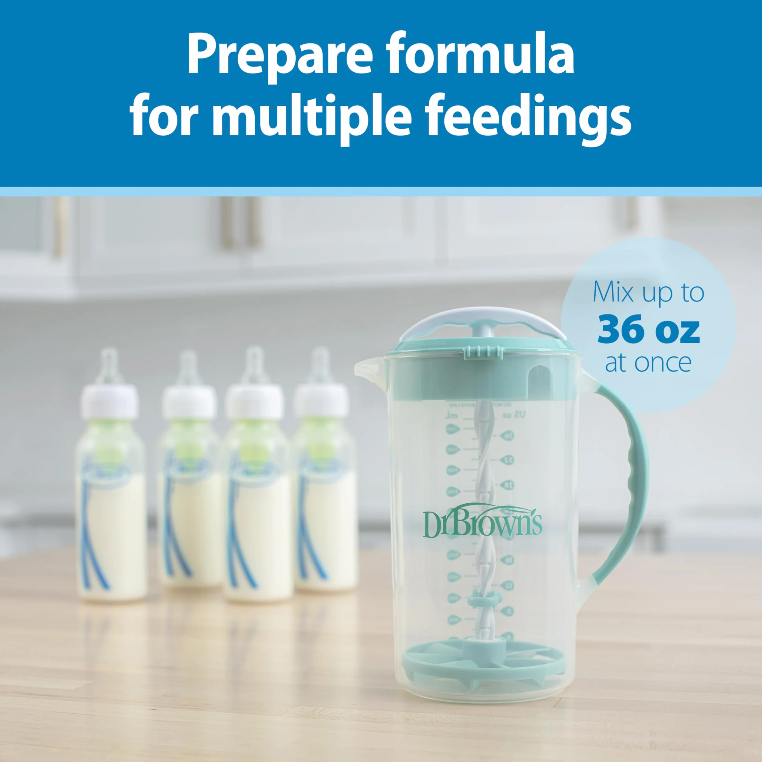 Dr. Brown's Baby Formula Dzbanek do mieszania z regulowaną nasadką, zamykana pokrywka, niekapiąca dzióbek, 946 ml, bez BPA, niebieski, 32 ounce