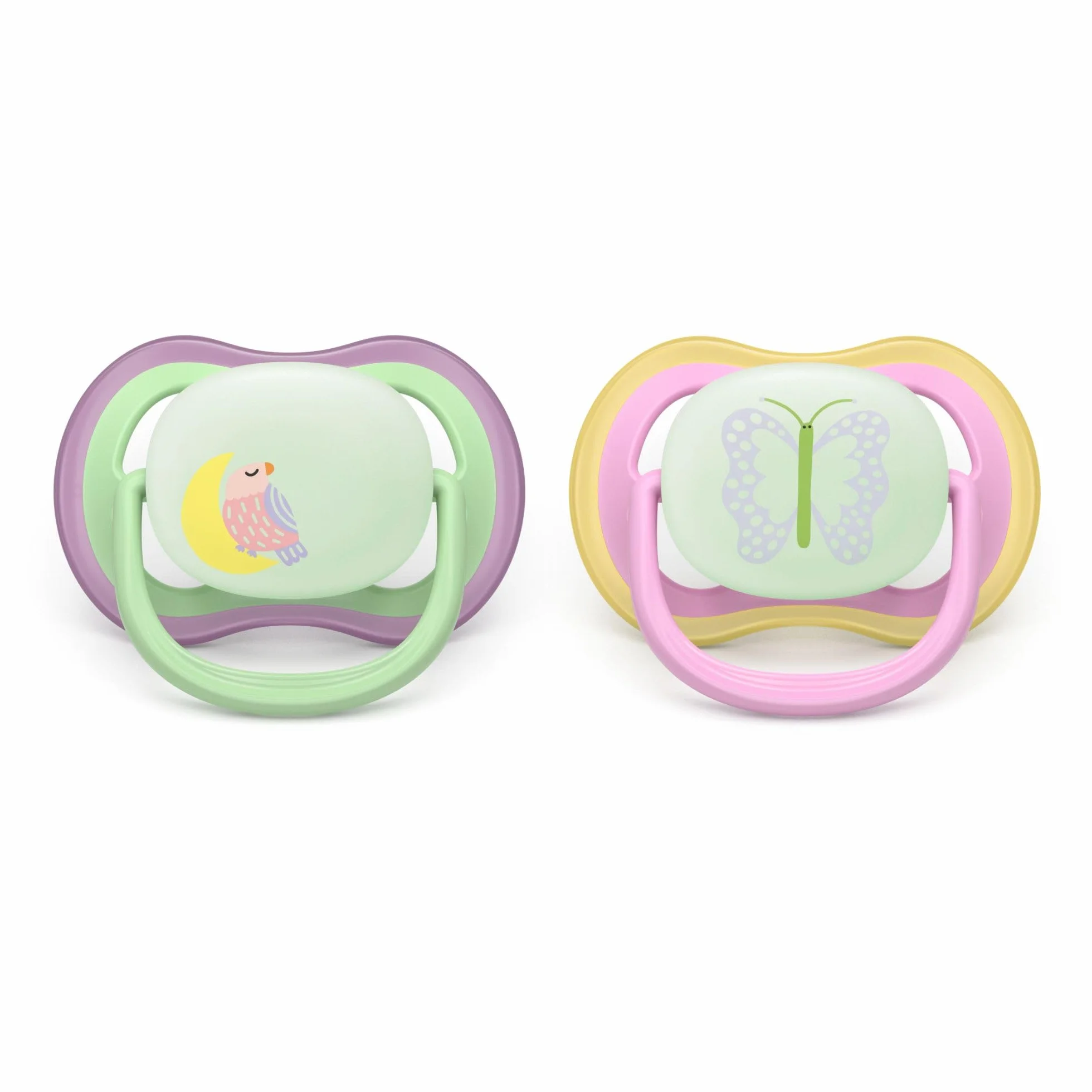 Philips Avent smoczek ultra air Nighttime – dopasowany do szczęki, dla dzieci w wieku 6-18 miesięcy, świeci w ciemności, miękki, symetryczny silikonowy smoczek, nie zawiera BPA, 2 sztuki, SCF376/29
