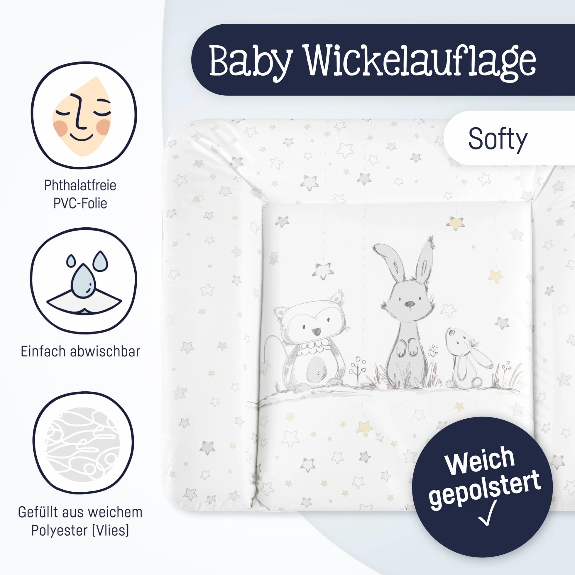 Julius Zöllner® Mata do przewijania Softy 65 x 75 cm – miękka podkładka do przewijania – folia wodoodporna i zmywalna – Made in Germany – Oeko-Tex Standard 100 – Sternfreunde