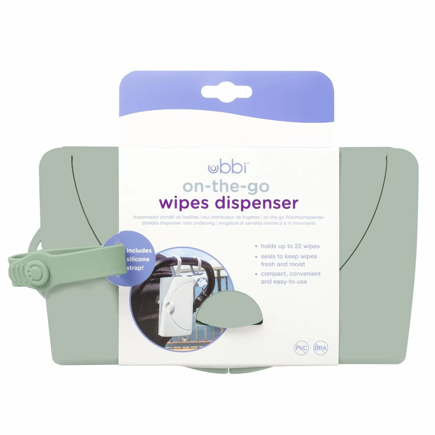 Ubbi On-the-Go Dozownik chusteczek dla niemowląt, przenośny pojemnik na chusteczki do podróży, akcesoria niezbędne dla noworodków, uchwyt na chusteczki wielokrotnego użytku, szałwiowa zieleń