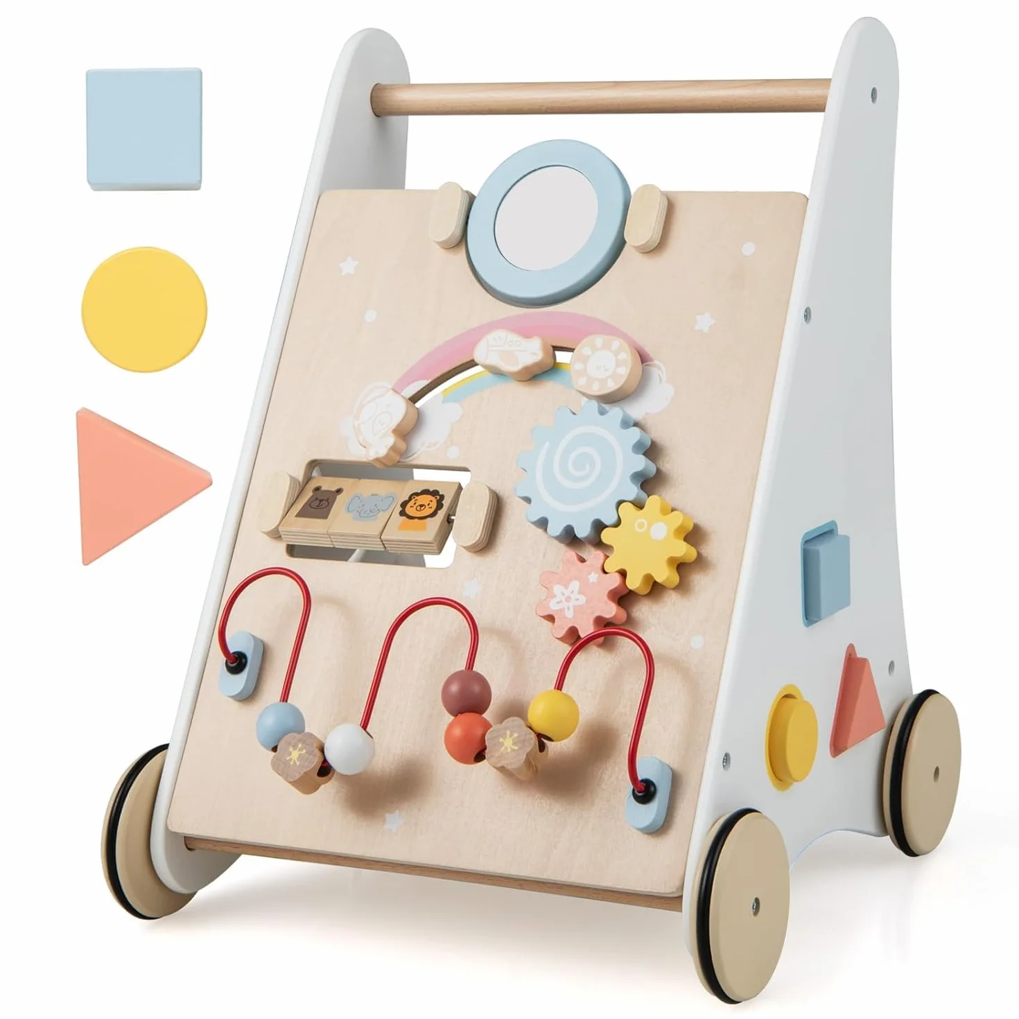 FANTASK Montessori Baby Walker wózek do nauki chodzenia 7 w 1, z drewnianym pudełkiem do przechowywania, z planszą do zabawy, lustrem i klockami, dla chłopców i dziewczynek od 1 roku życia