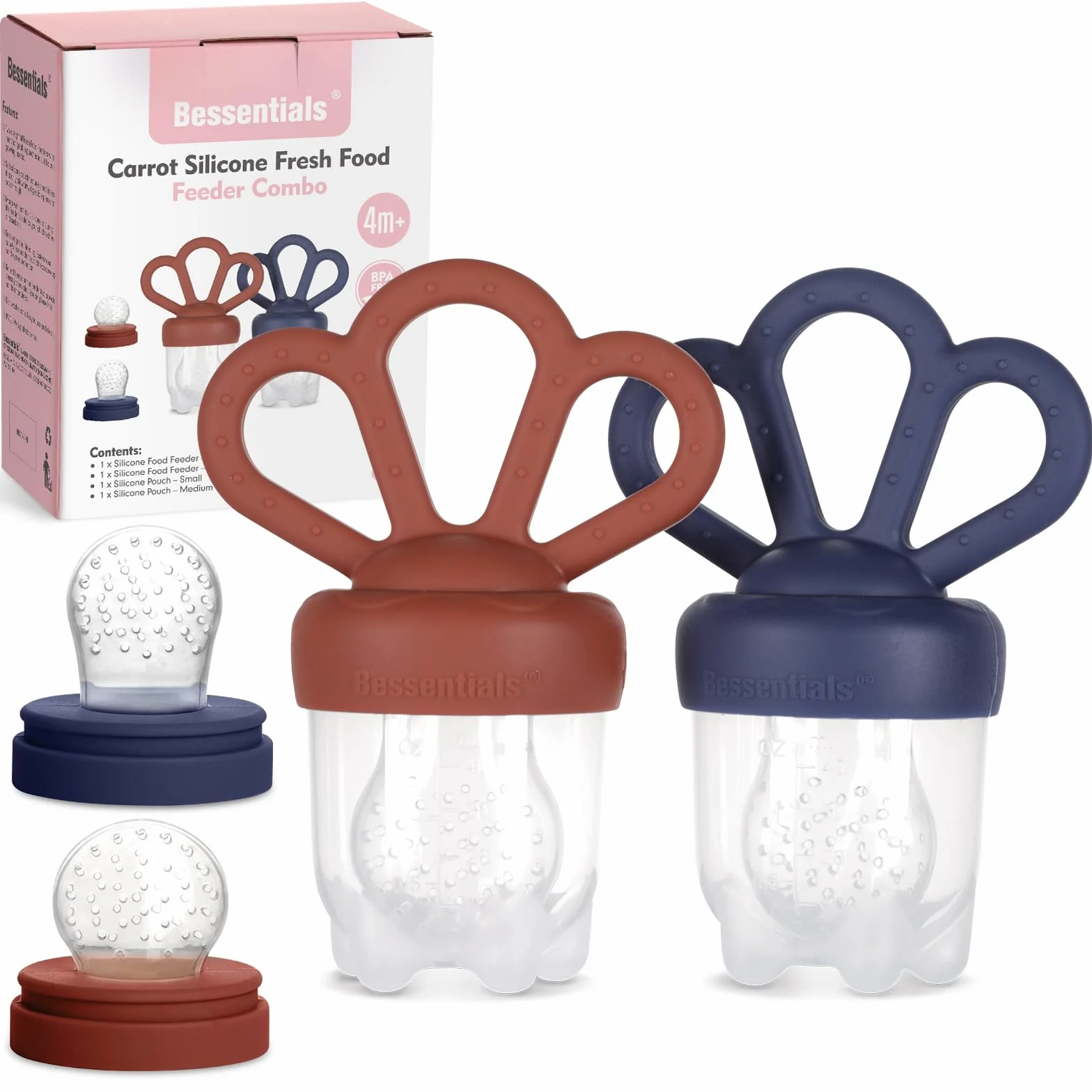 Carrot Baby Fresh Fruit Feeder i 2 silikonowe podajniki siatkowe, bezpieczne samodzielne karmienie niemowląt, zawiera 3 rozmiary woreczków na żywność, odpowiedni dla niemowląt w rozmiarze