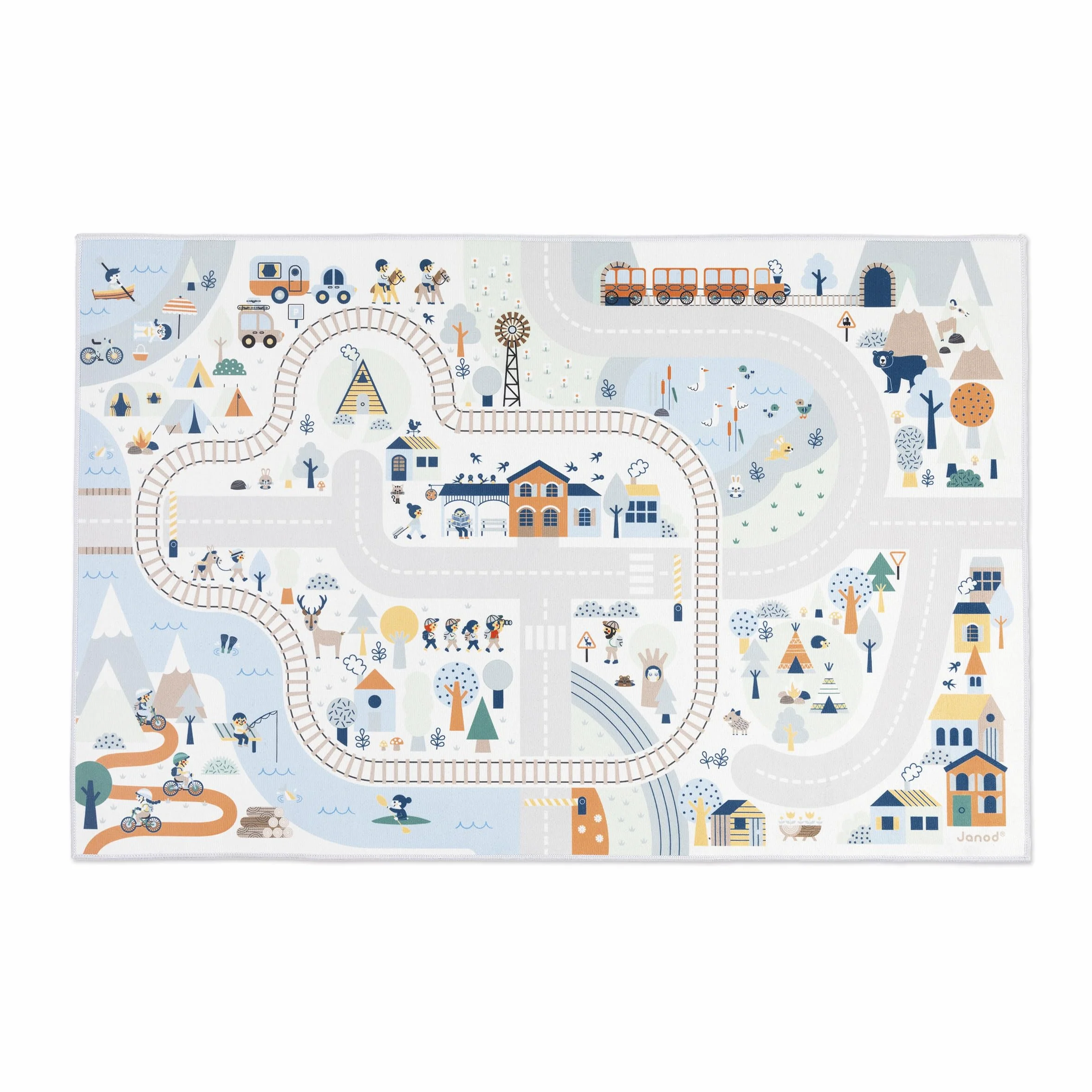 Janod Tapis Voiture Enfant - Thème Montagne Hiver - Doux & Antidérapant - Motyw Sport & Vallée - Tapis de Jeux Chambre Fille & Garçon - 120 x 78 cm - Lavable à la main - A partir de 2 ans - J05940