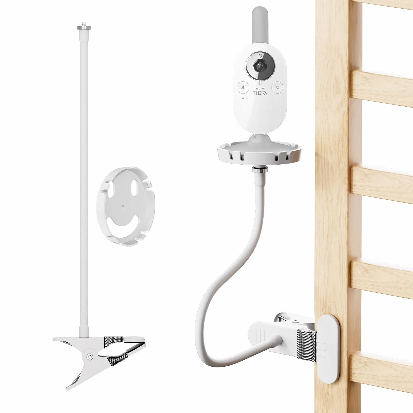 Uchwyt do monitora dla niemowląt dla Philips Avent Babyphone SCD843/26, SCD833/26, SCD891/26, SCD630/26 – Elastyczny klips do wideo monitora dla niemowląt, obrotowy o 360°, bez wiercenia, montaż na