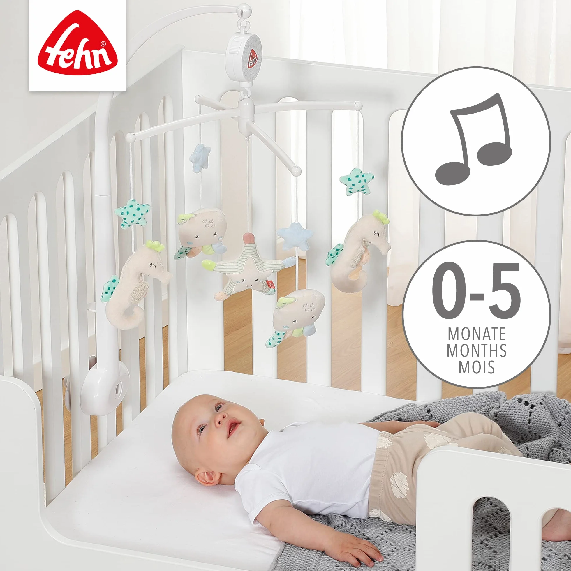 Fehn Muzyka mobilna dla dzieci morskich – pomoc w zasypianiu dziecka zabawka muzyczna – pozytywka melodia "Sleep Kindlein Schlaf" – akcesoria do łóżeczka dziecięcego, zabawka dla niemowląt i
