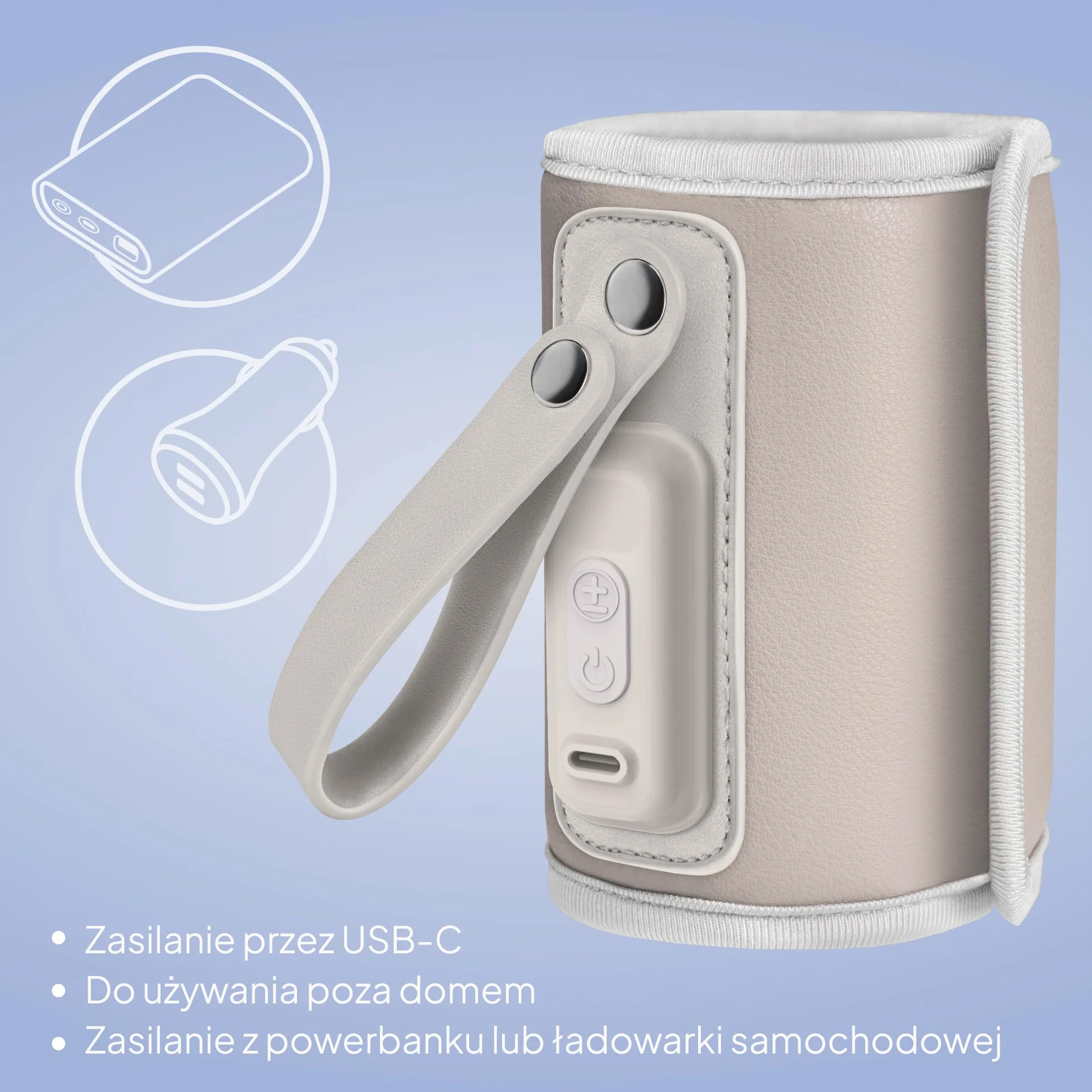 LIONELO Thermup Go przenośny podgrzewacz do butelek dla niemowląt, USB-C, podgrzewacz do butelek w podróży i w samochodzie, funkcja utrzymania ciepła 24 h, 5 poziomów temperatury 38-50°C, wyświetlacz