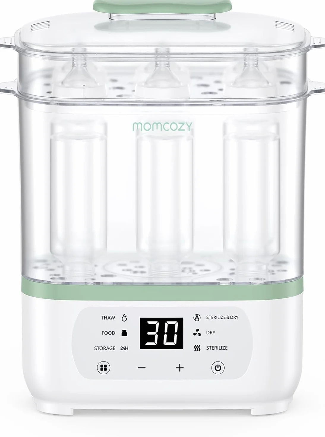 Momcozy Elektryczny sterylizator parowy 3-w-1 dla butelek dla niemowląt – sterylizuje, suszy i podgrzewa z 99,9% bakteriobójczymi właściwościami, pojemność na 8 butelek, 24-godzinny schutz przed