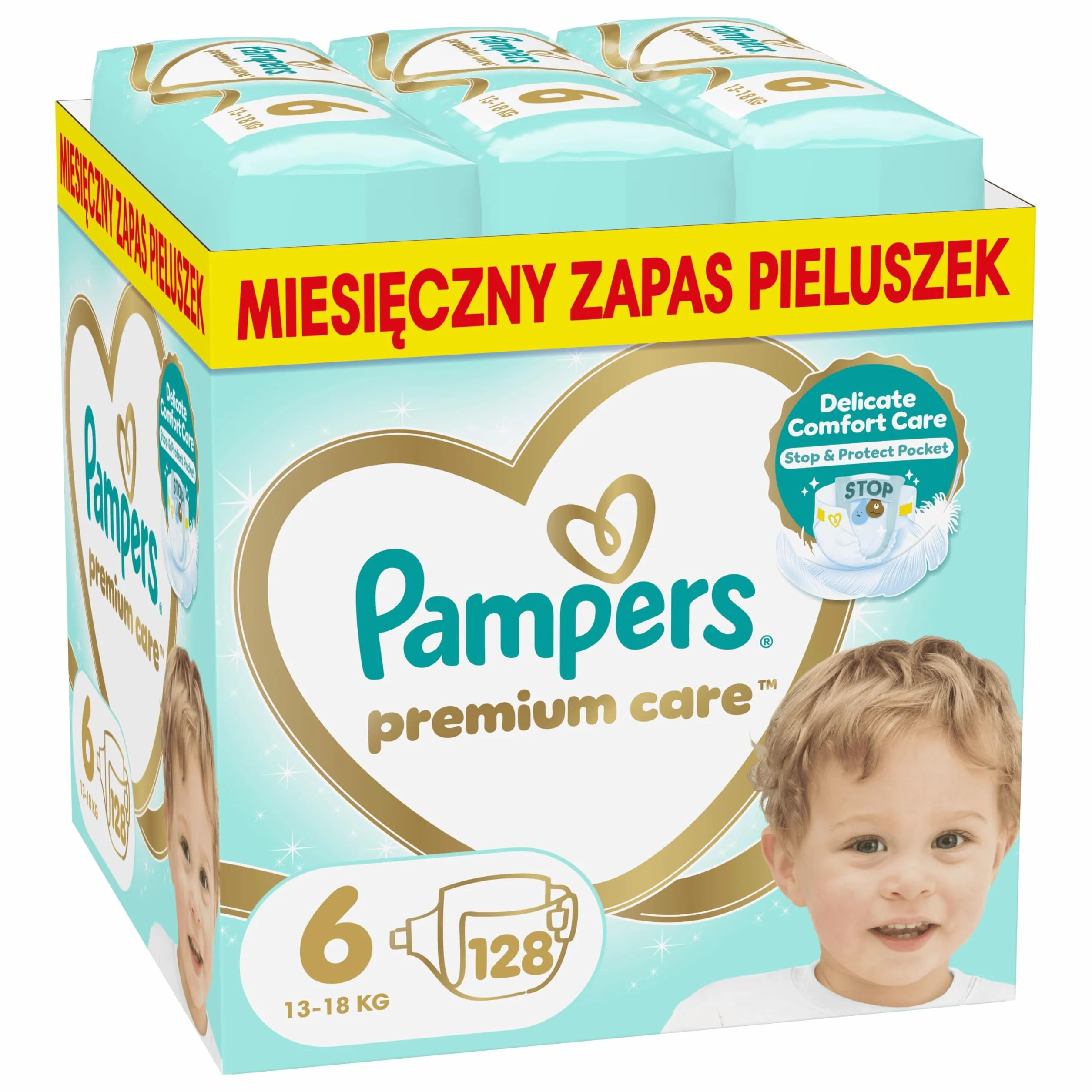 Pampers Premium Care Pieluszki, Rozmiar 6, 128 Sztuk, 13 kg - 18 kg, Podwójna Ochrona, Skóry i przed Przeciekaniem
