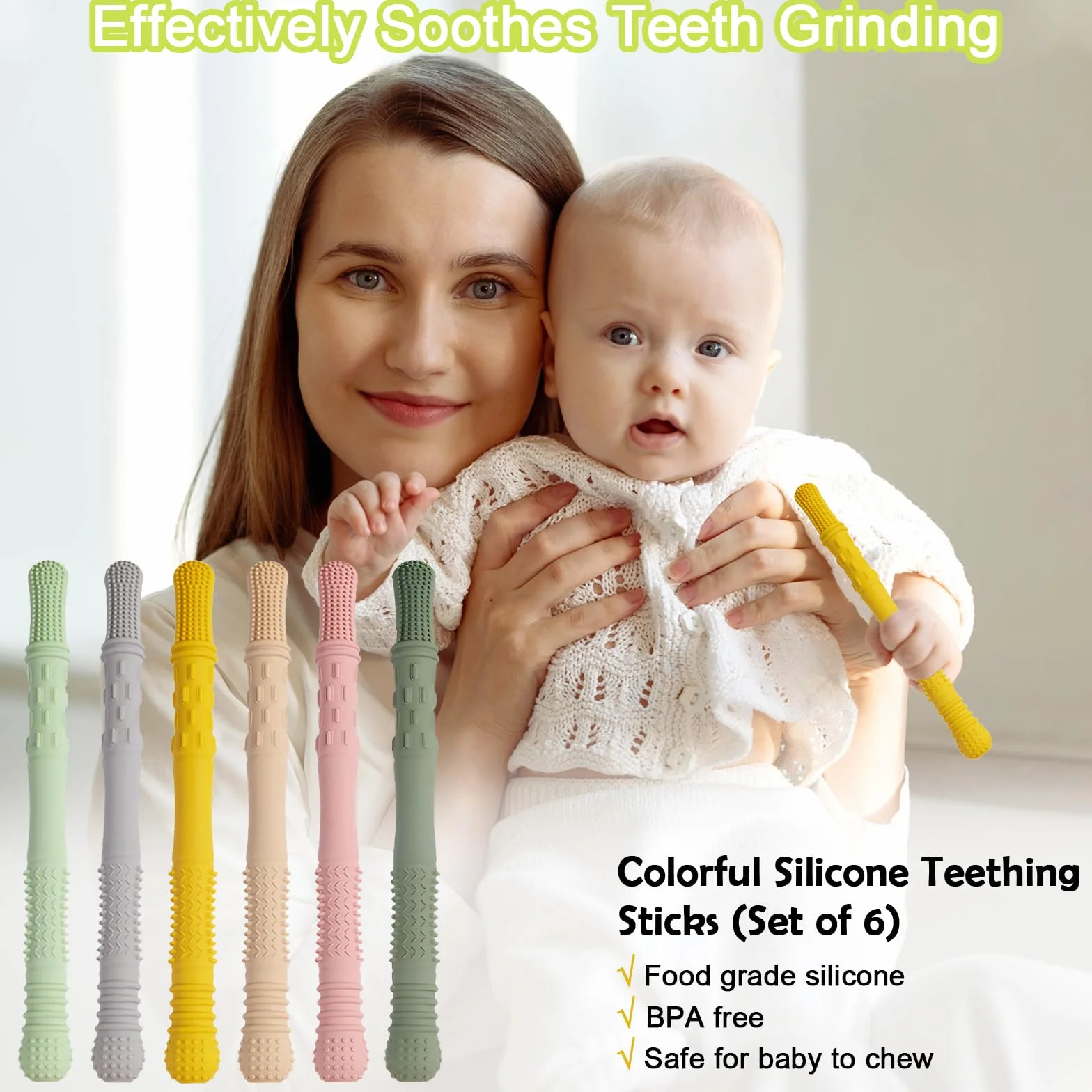 Zestaw 6 sztuk przyrządów do gryzienia dla niemowląt, pomoc w ząbkowaniu dla dzieci w wieku 3-12 miesięcy, bez BPA, z 2 szczotkami do czyszczenia, można myć w zmywarce