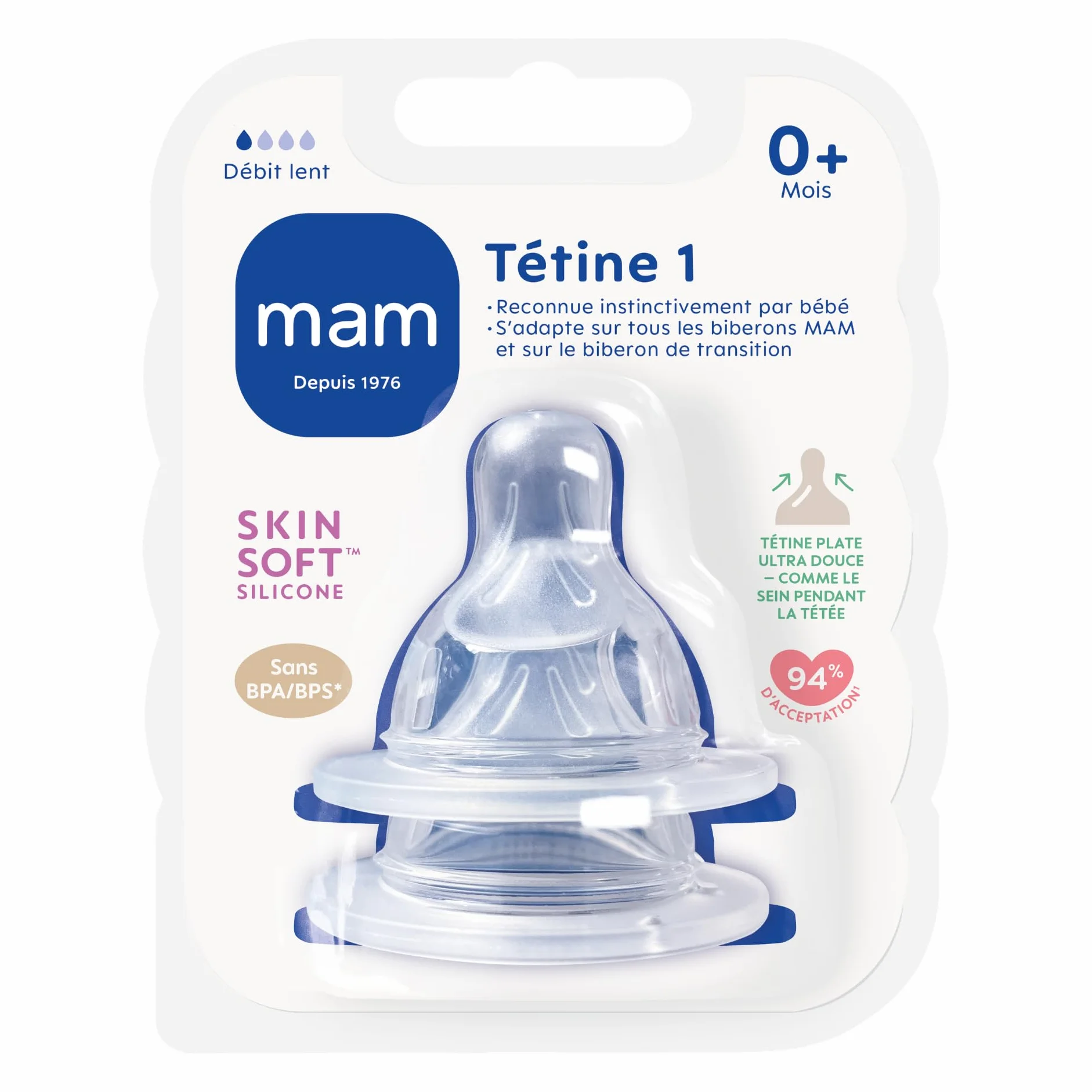 MAM Anatomiczny smoczek 1 powolny przepływ – silikon, 2 sztuki, przezroczysty