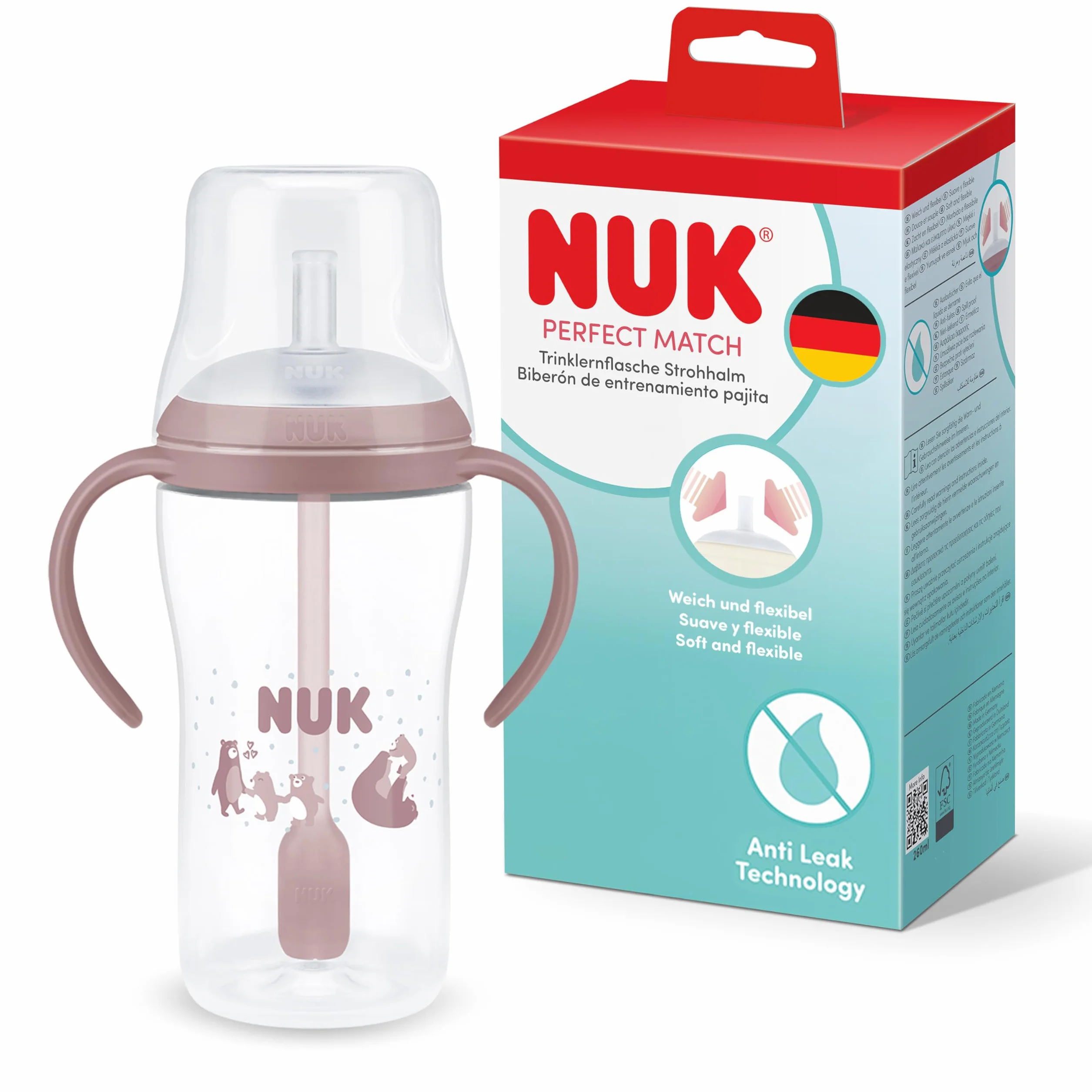 NUK Perfect Match Learner Butelka ze słomką | 8+ miesięcy | 260 ml | Nieprzeciekająca kubek ze słomką dla niemowląt | Antypoślizgowe uchwyty | Miś | 1 sztuka