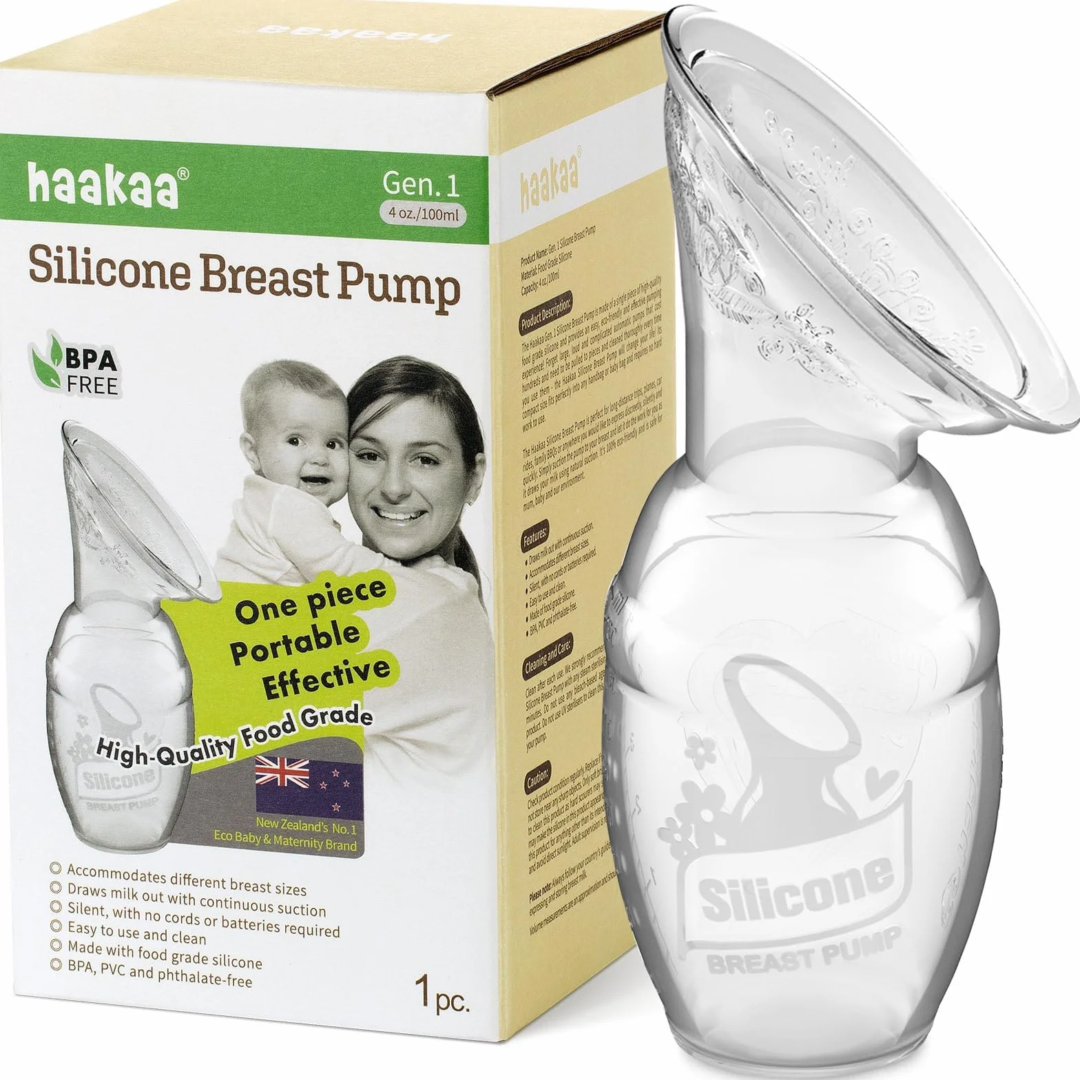 haakaa Silikonowy laktator i łapacz mleka matki, 100 ml, ręczna pompka do mleka, przezroczysta, ręczna pompka piersiowa, zdrowa i nieszkodliwa