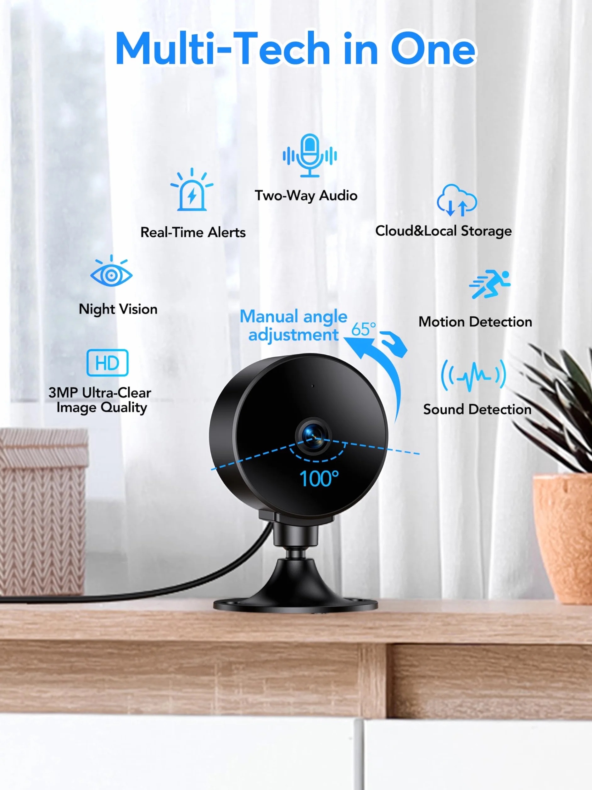 Kamera Wewnętrzna 2K 3MP, WiFi Niania i Kamera dla Zwierząt z Wykrywaniem Ruchu, Dwukierunkowy Dźwięk, Nocne Widzenie, Kompatybilna z Alexa i Google Assistant, SD/Cloud, Tylko WiFi 2,4GHz