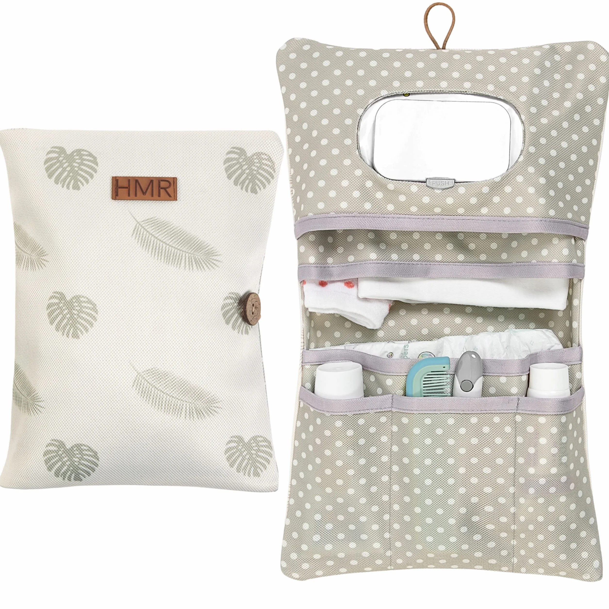 HAMUR HOME Organizer na pieluchy i kosmetyczka 2 w 1 - mała torba na pieluchy w podróży dla mamy pieluchy kremowe chusteczki organizer dla niemowląt, Liście, Liście