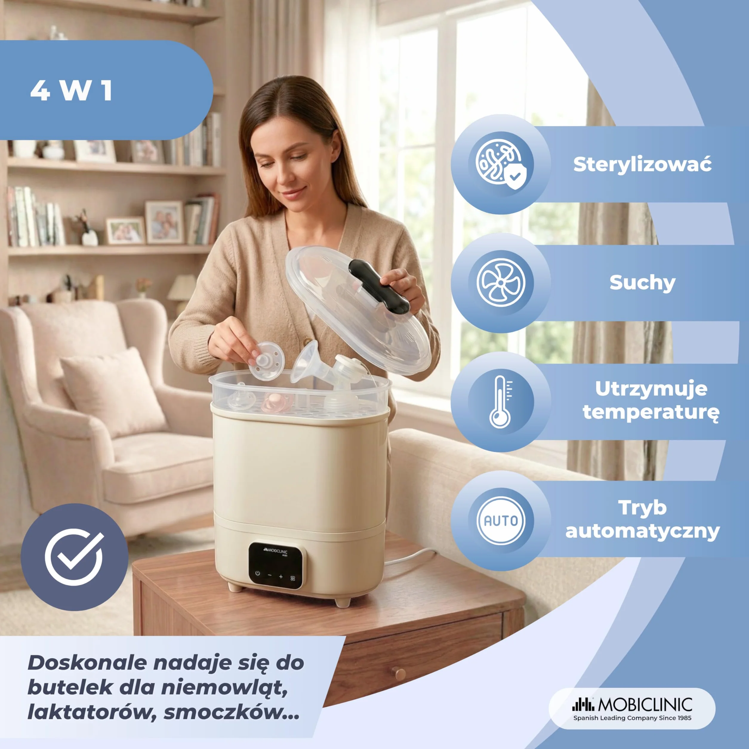 Mobiclinic®, Sterylizator do Butelek, 4 w 1, Tot 6 Flessen, Suszy, Utrzymuje Temperaturę, Tryb Automatyczny, Smoczków i Laktatorów, Ekran LCD, Kompaktowy, Mobibi