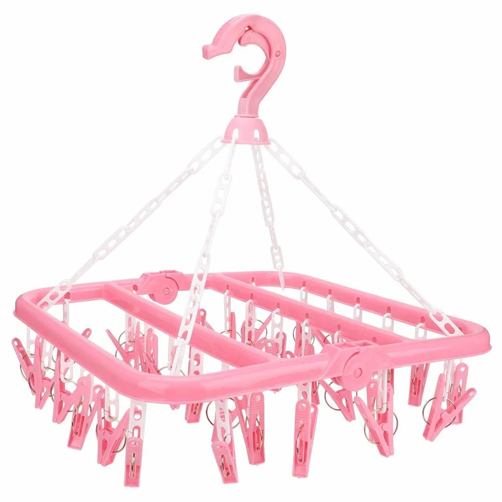 Wäschebügel 32 Clips Klapp Kleiderbügel Trockner Socken Unterwäsche Baby Kleidung BHs Handtuch Stoffwindeln Wäscheständer(Rosa)