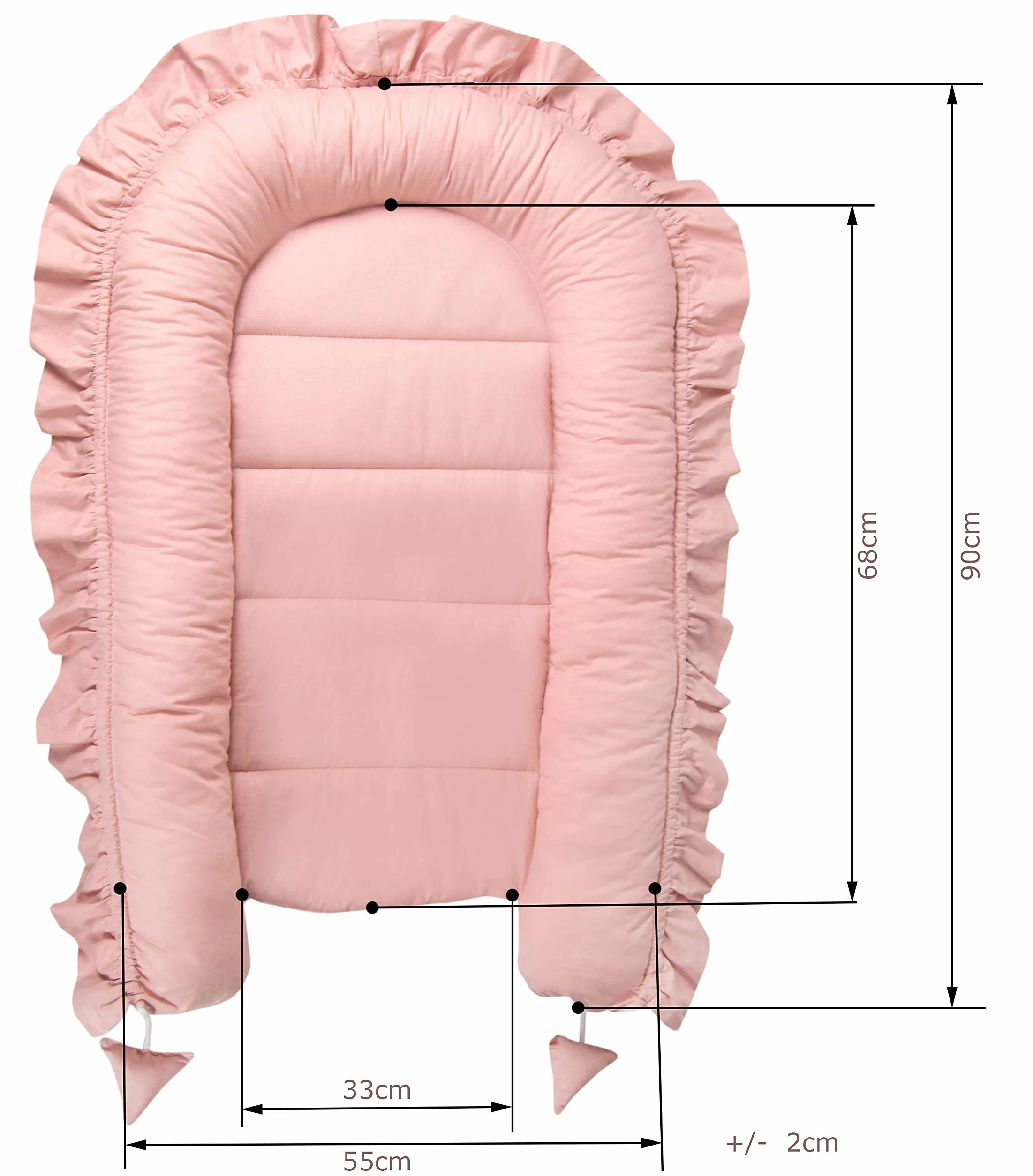 PIMKO Gniazdo niemowlęce z falbankami, gniazdo dla niemowląt, kokon dla niemowląt i noworodków, 100% bawełna, gniazdo do domu, 55 x 90 cm (różowe)