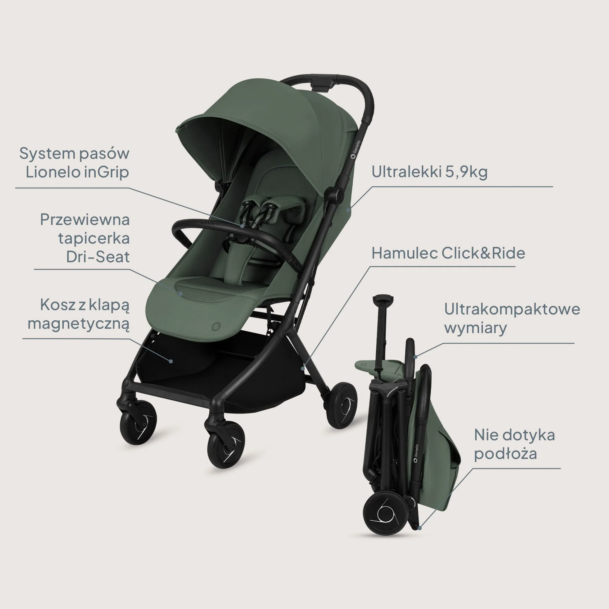 Lionelo Sia wózek podróżny ultralekki i ultra kompaktowy, składany, 5,9 kg, do 22 kg, od 6 miesięcy do 4 lat, pozycja leżąca, zawieszenie, osłona UPF50+, moskitiera, kosz na zakupy 3 kg, uchwyt na